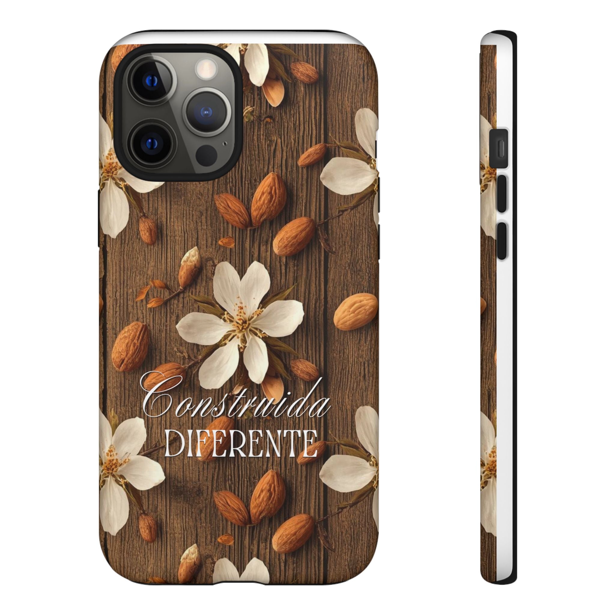 Phone Case — Floral Almond Wood Design with "Construida Diferente"