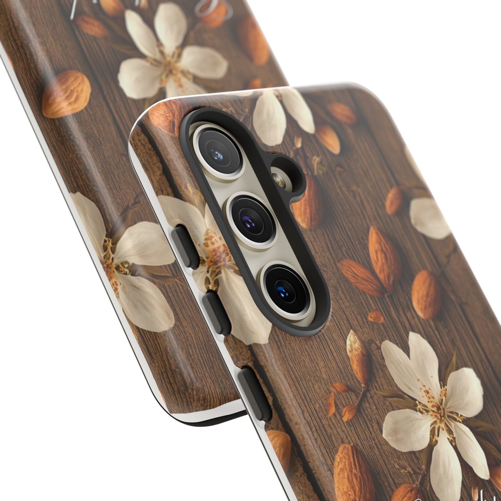 Phone Case — Floral Almond Wood Design with "Construida Diferente"