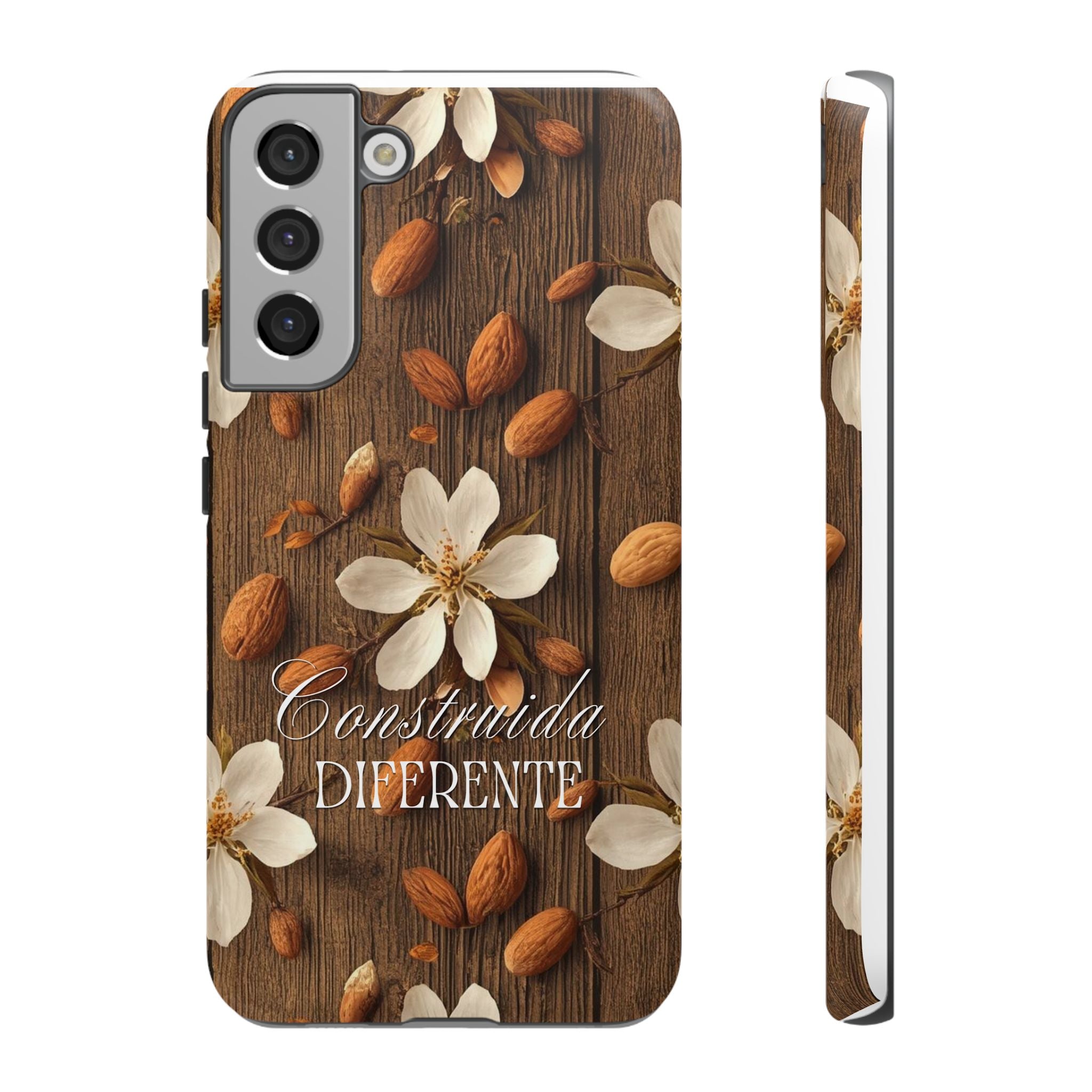 Phone Case — Floral Almond Wood Design with "Construida Diferente"
