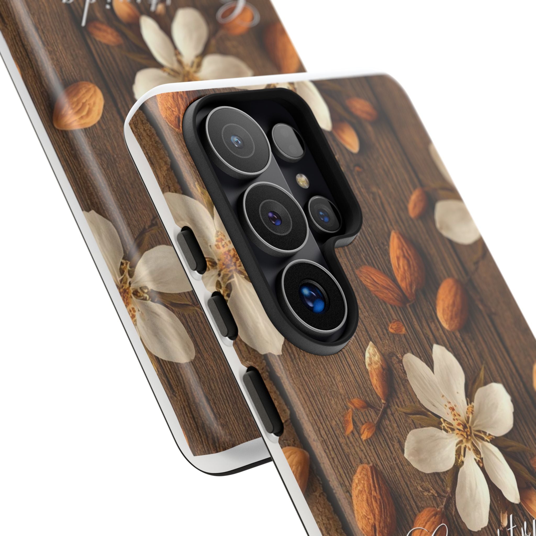 Phone Case — Floral Almond Wood Design with "Construida Diferente"