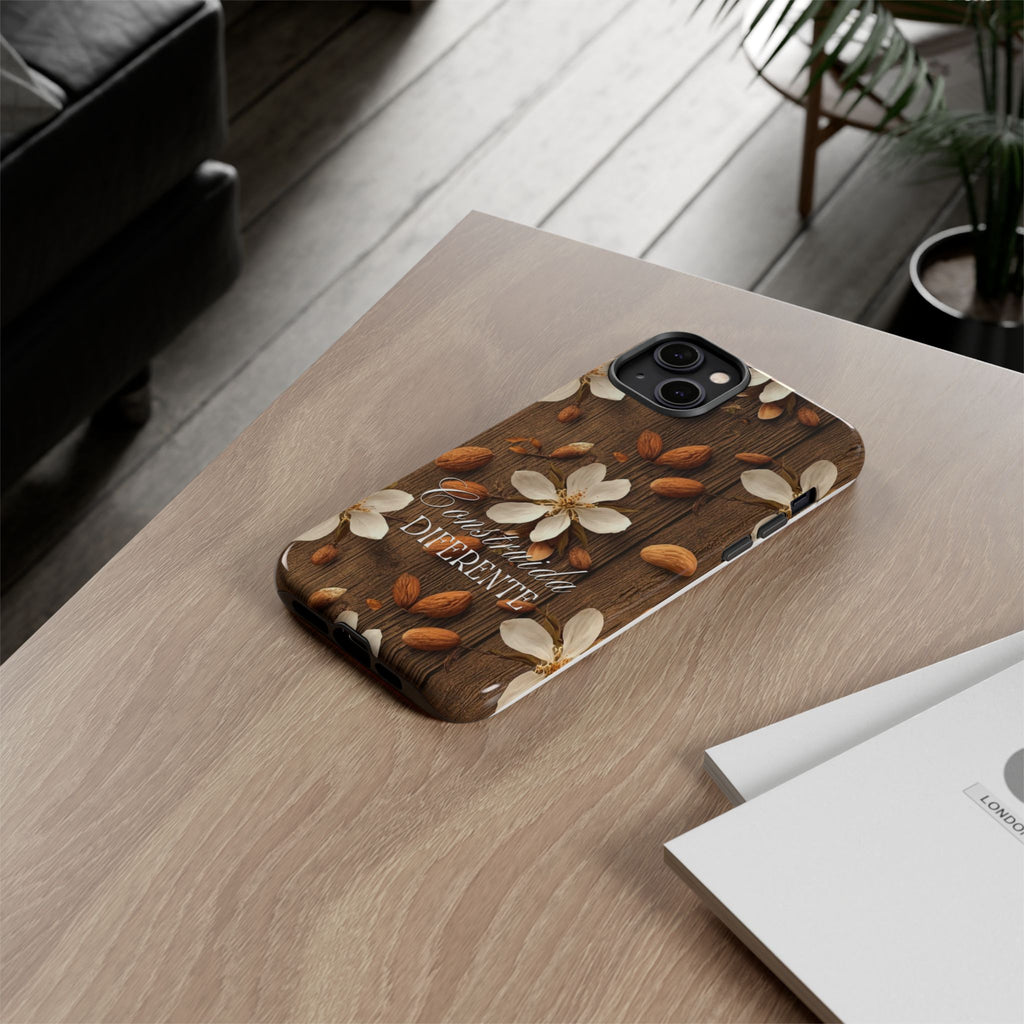 Phone Case — Floral Almond Wood Design with "Construida Diferente"