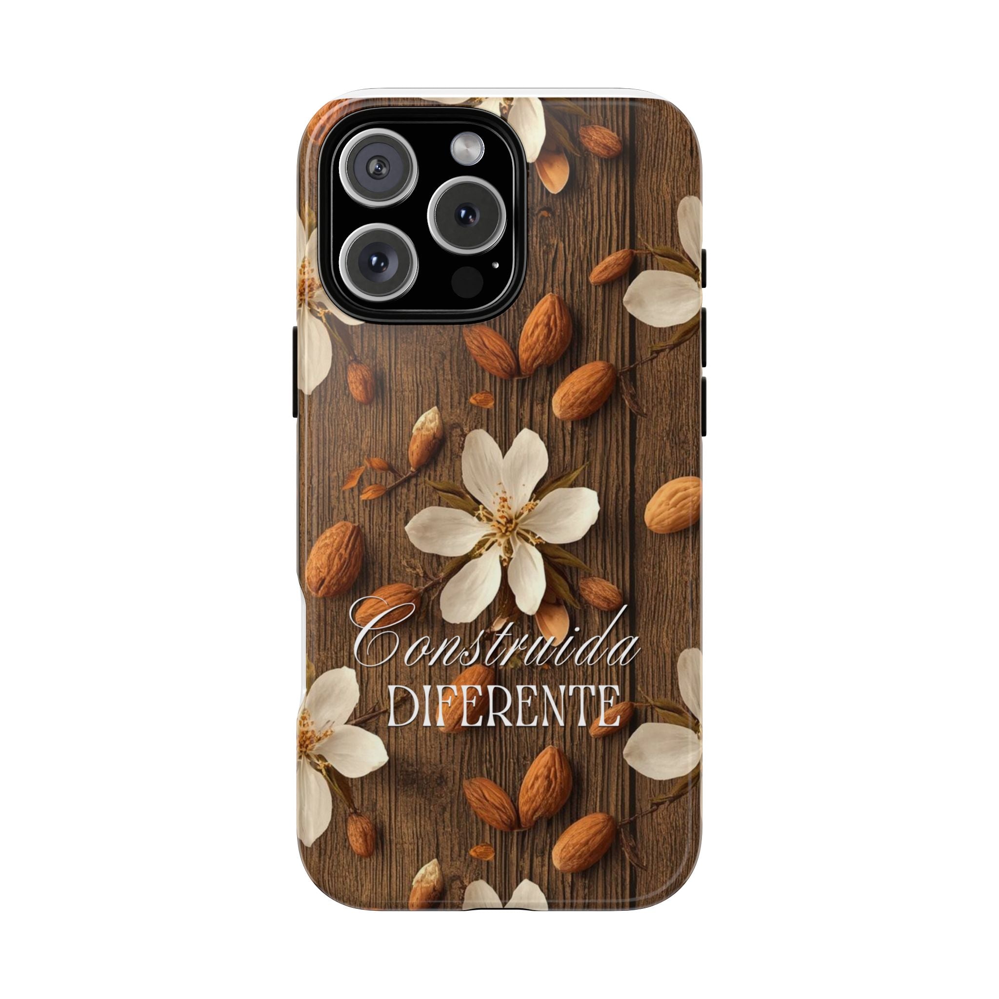 Phone Case — Floral Almond Wood Design with "Construida Diferente"