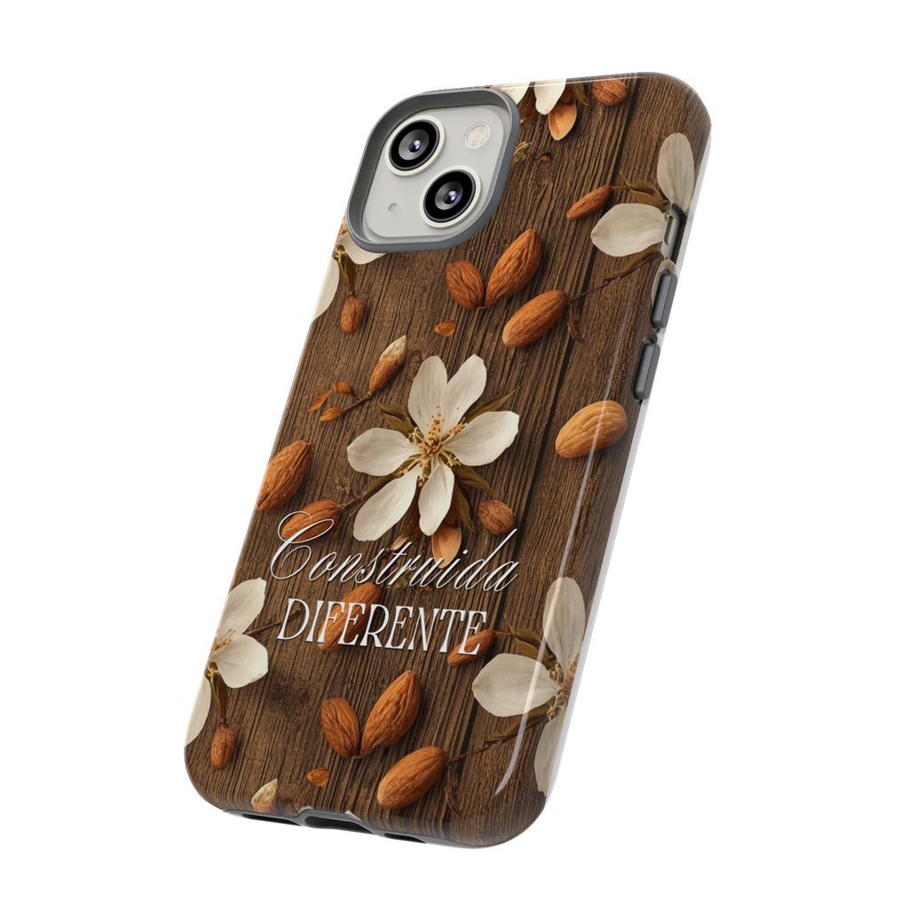 Phone Case — Floral Almond Wood Design with "Construida Diferente"