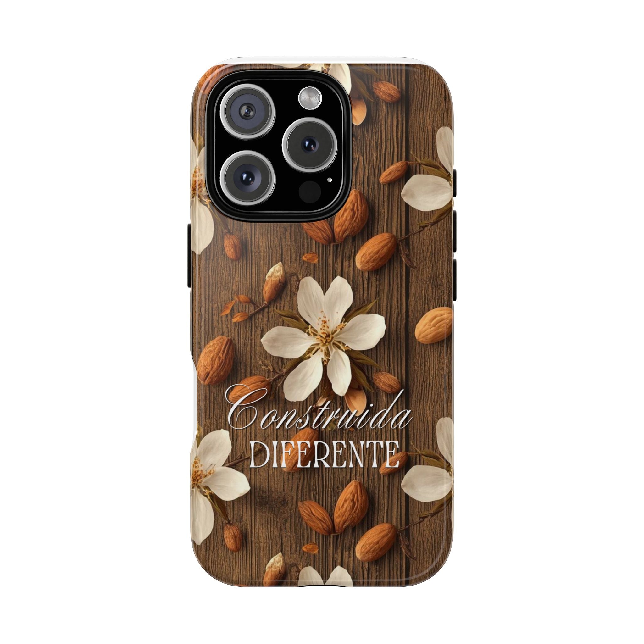 Phone Case — Floral Almond Wood Design with "Construida Diferente"