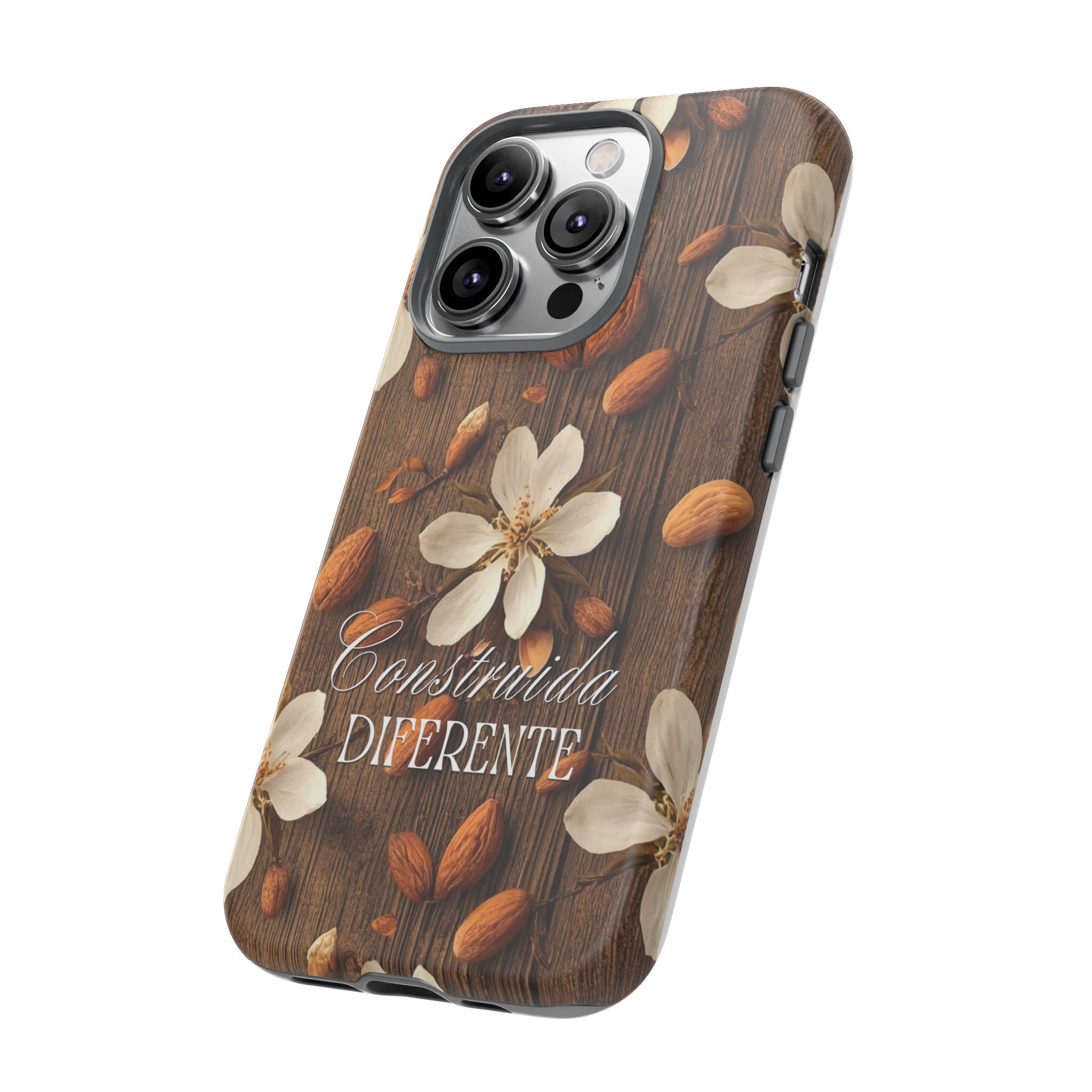 Phone Case — Floral Almond Wood Design with "Construida Diferente"