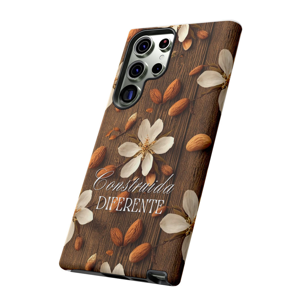 Phone Case — Floral Almond Wood Design with "Construida Diferente"