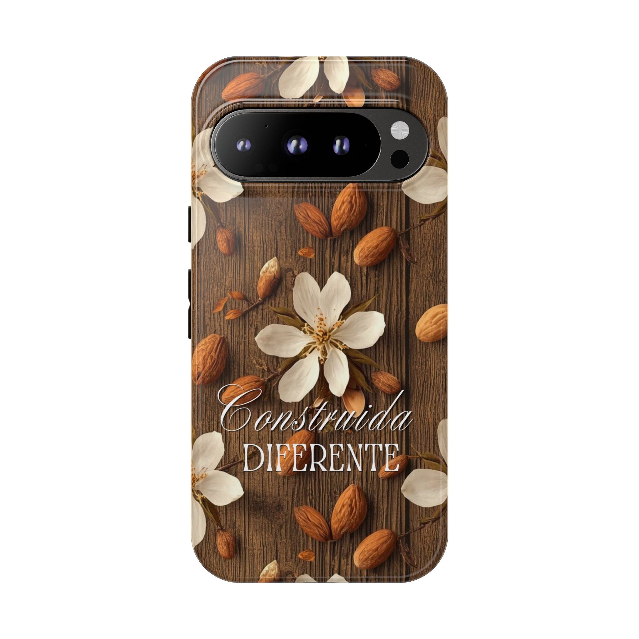 Phone Case — Floral Almond Wood Design with "Construida Diferente"