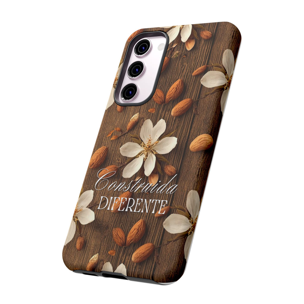 Phone Case — Floral Almond Wood Design with "Construida Diferente"