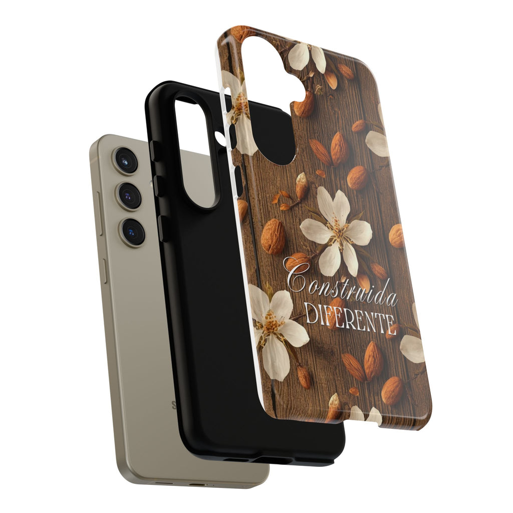 Phone Case — Floral Almond Wood Design with "Construida Diferente"
