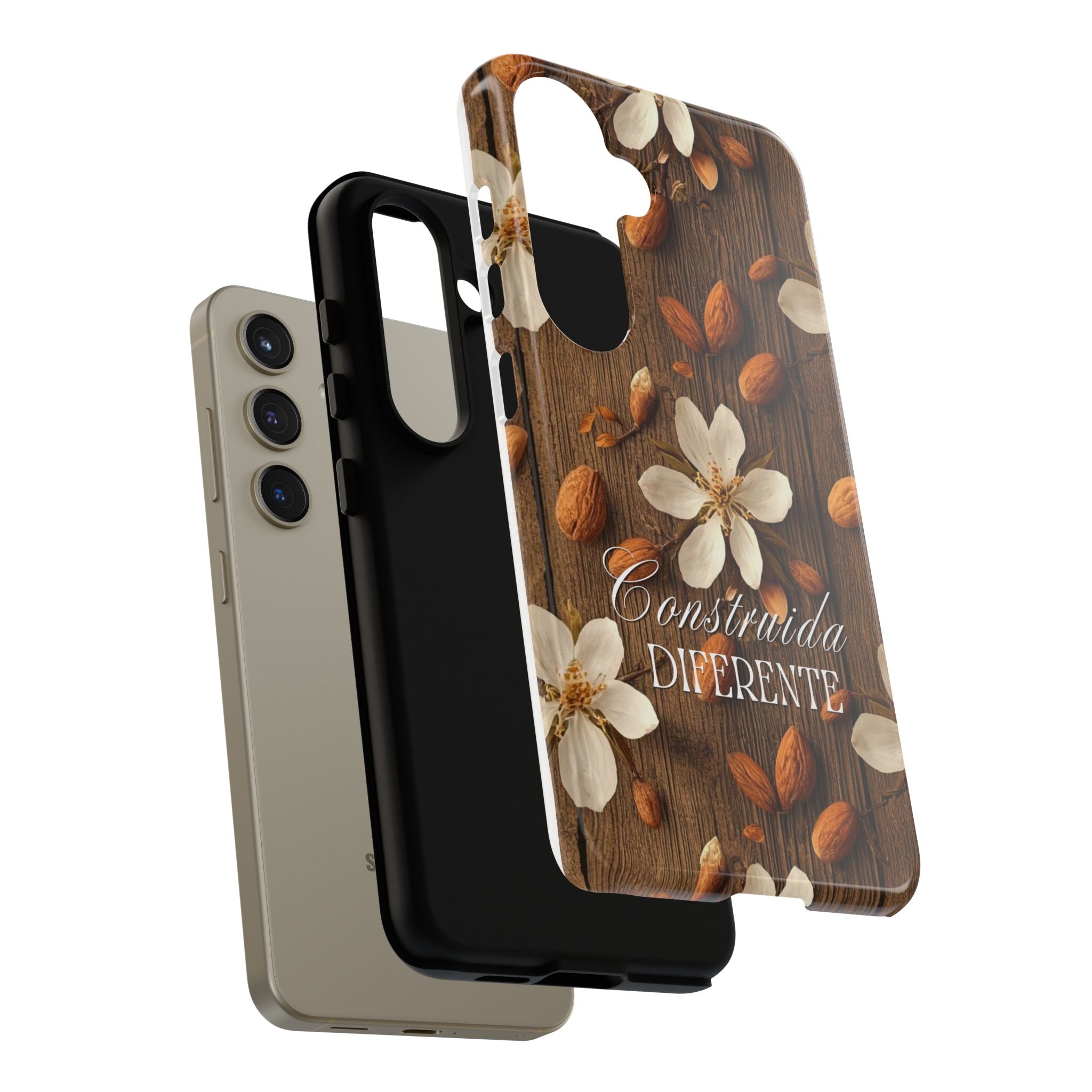 Phone Case — Floral Almond Wood Design with "Construida Diferente"