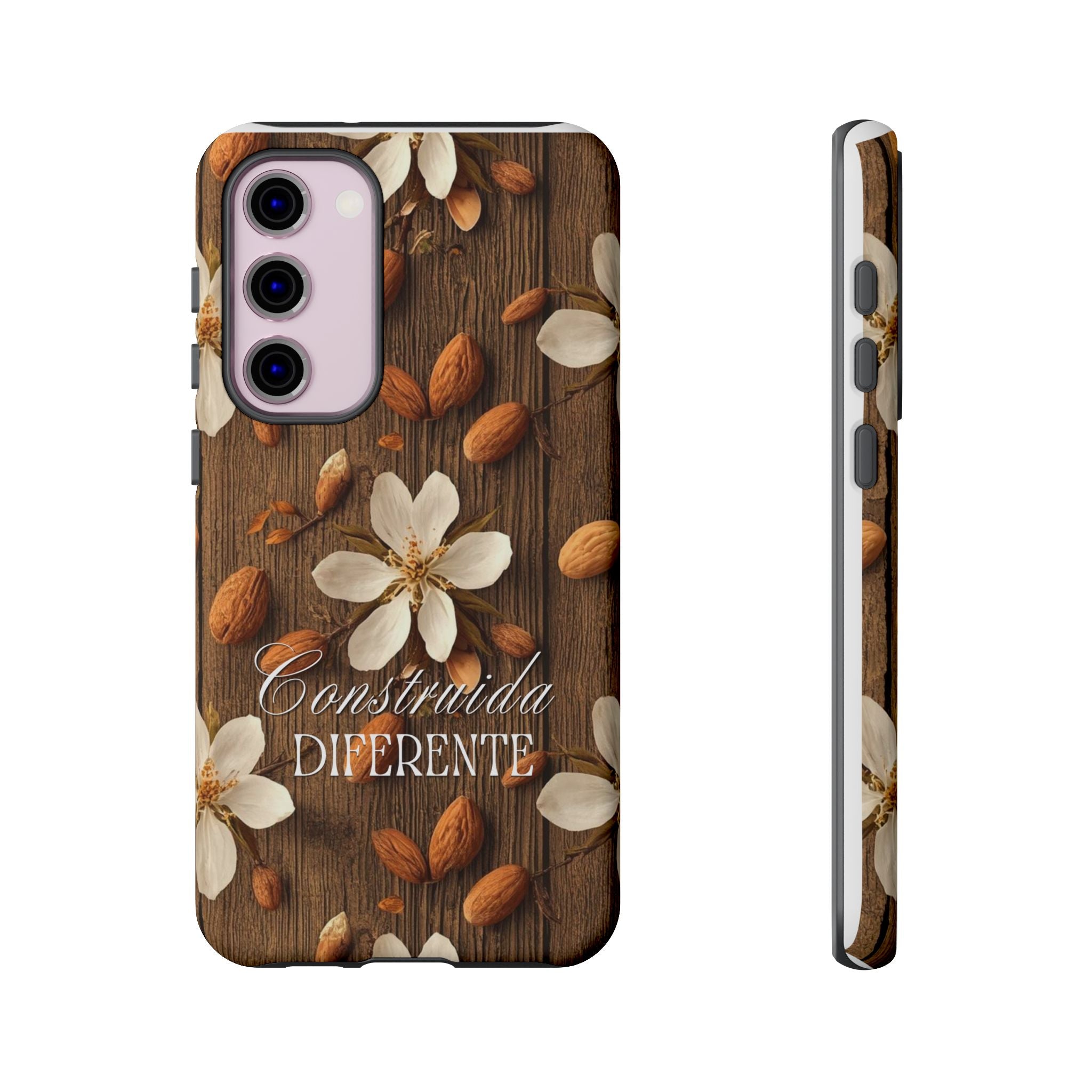 Phone Case — Floral Almond Wood Design with "Construida Diferente"