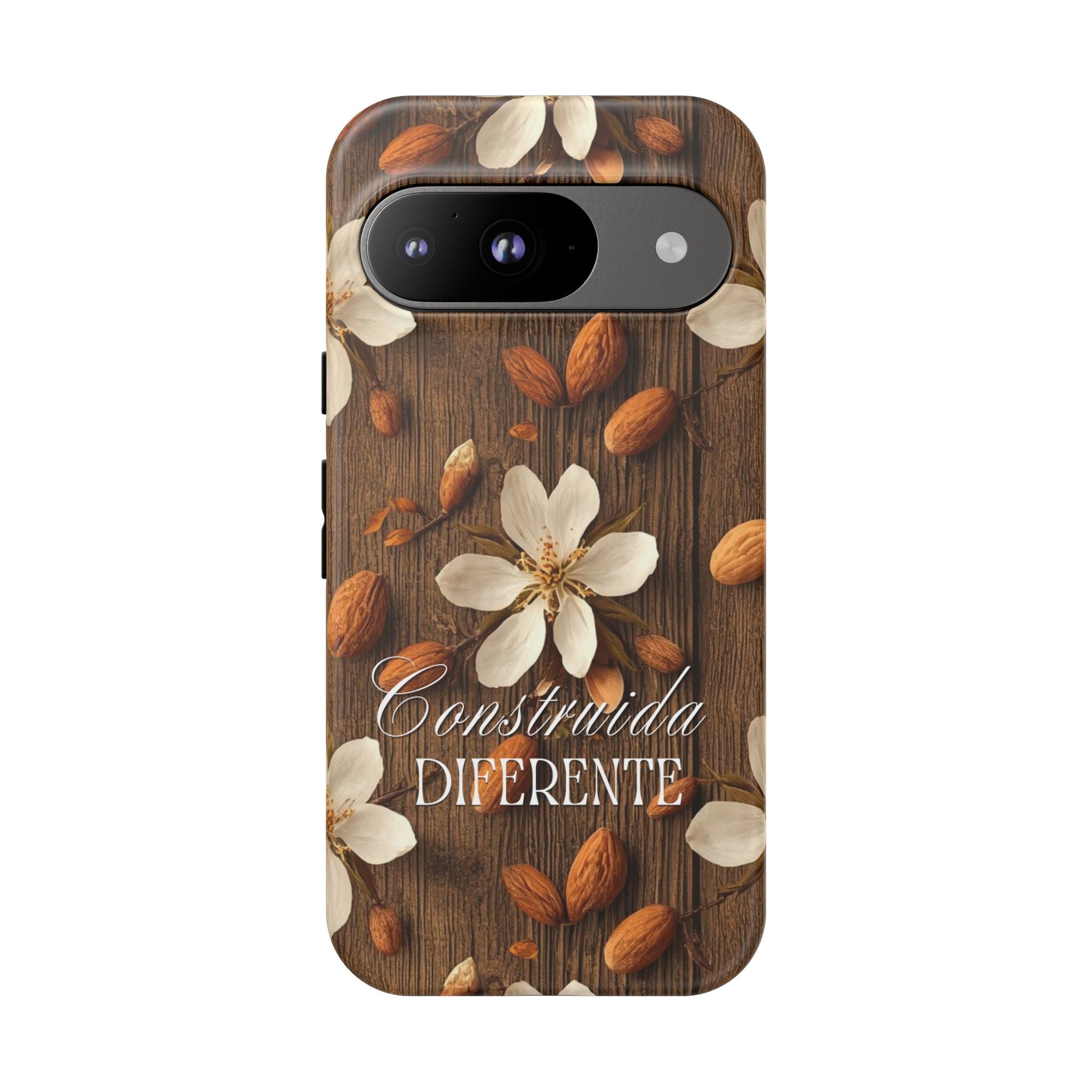 Phone Case — Floral Almond Wood Design with "Construida Diferente"