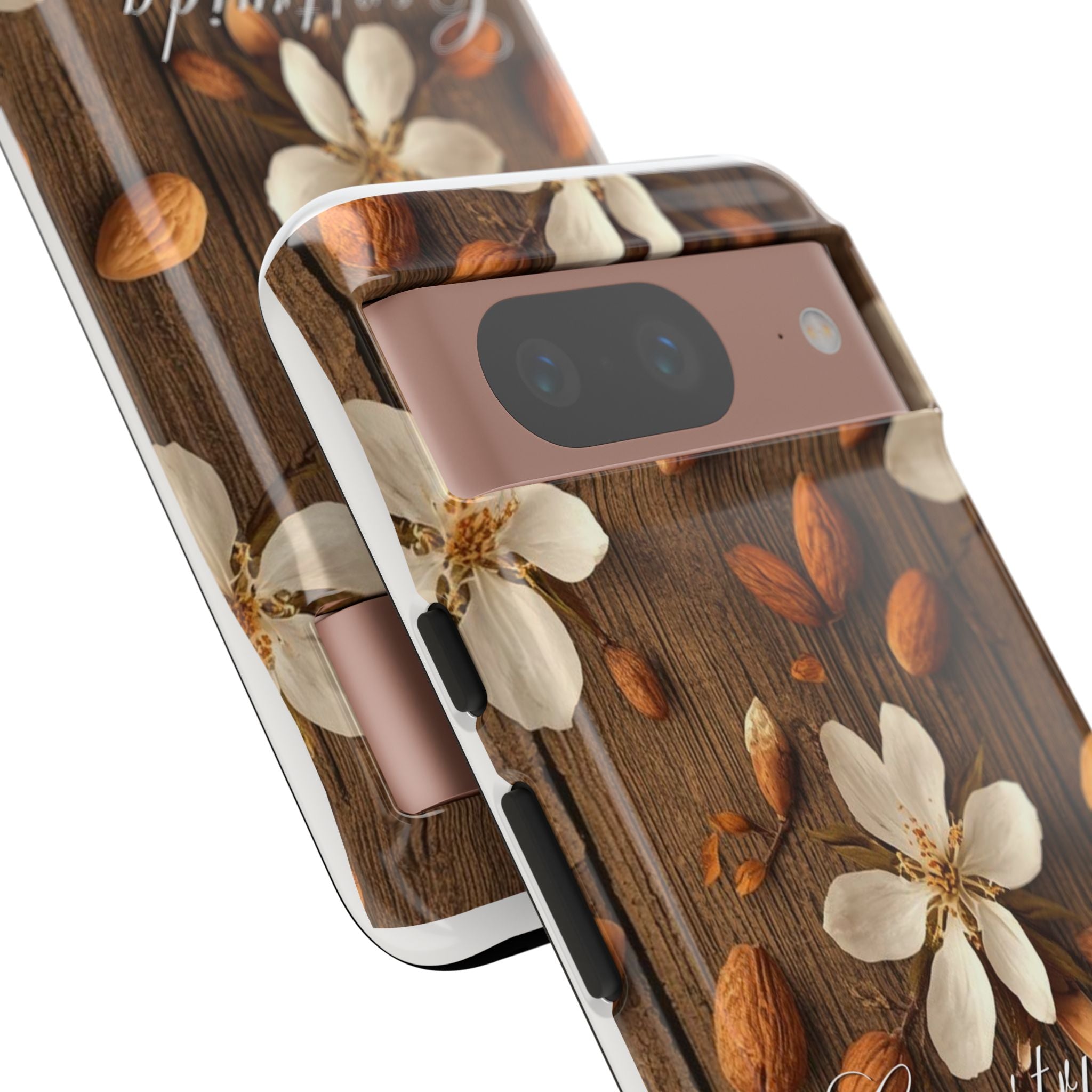 Phone Case — Floral Almond Wood Design with "Construida Diferente"