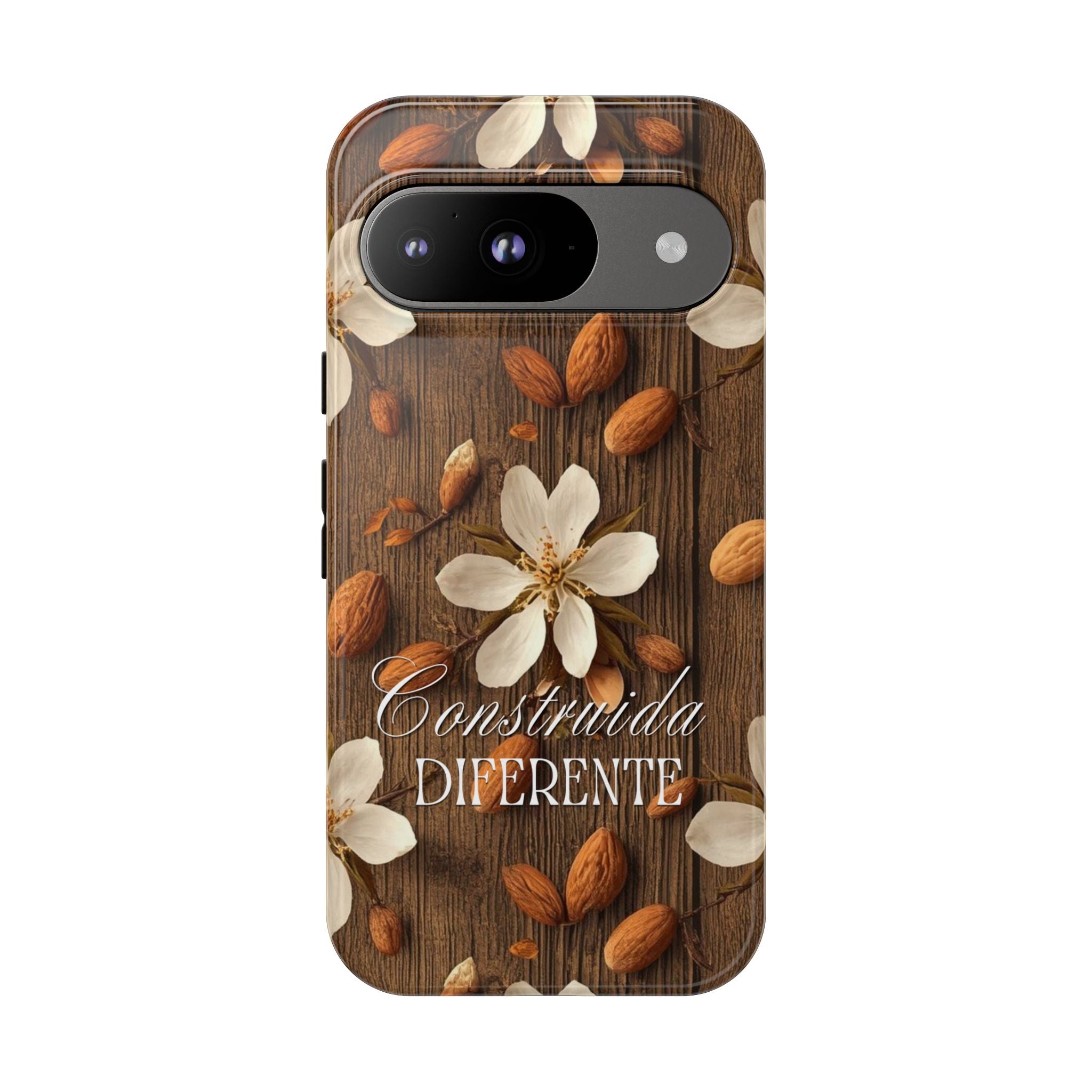 Phone Case — Floral Almond Wood Design with "Construida Diferente"