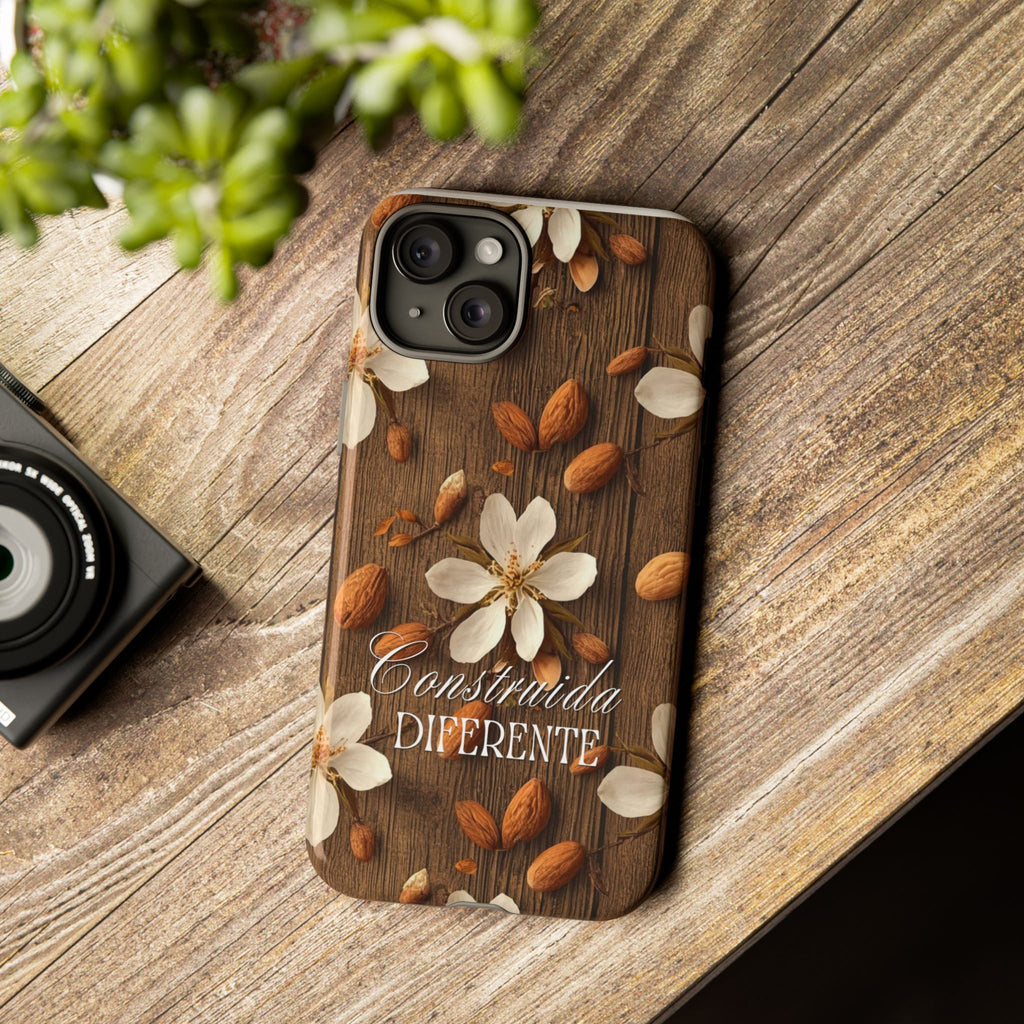Phone Case — Floral Almond Wood Design with "Construida Diferente"