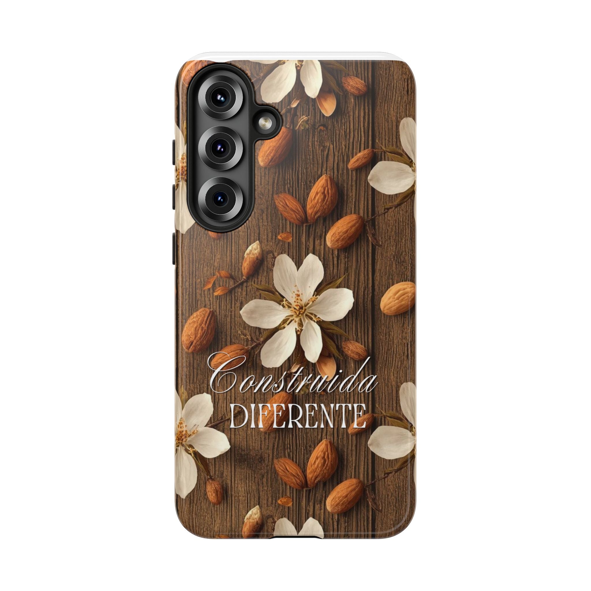 Phone Case — Floral Almond Wood Design with "Construida Diferente"
