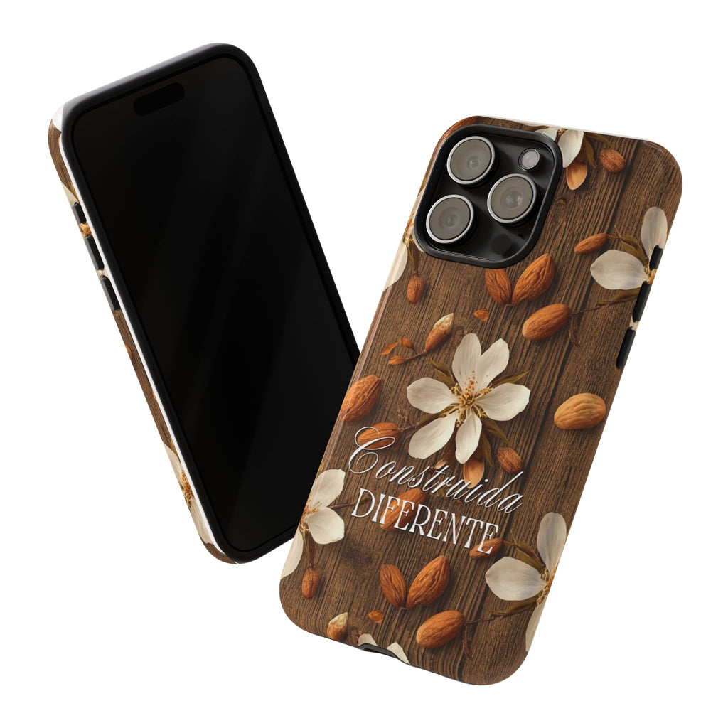 Phone Case — Floral Almond Wood Design with "Construida Diferente"