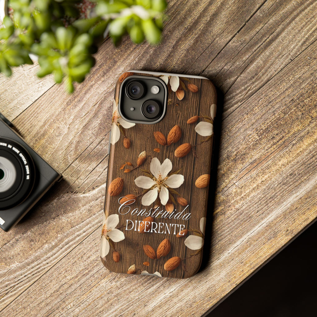 Phone Case — Floral Almond Wood Design with "Construida Diferente"