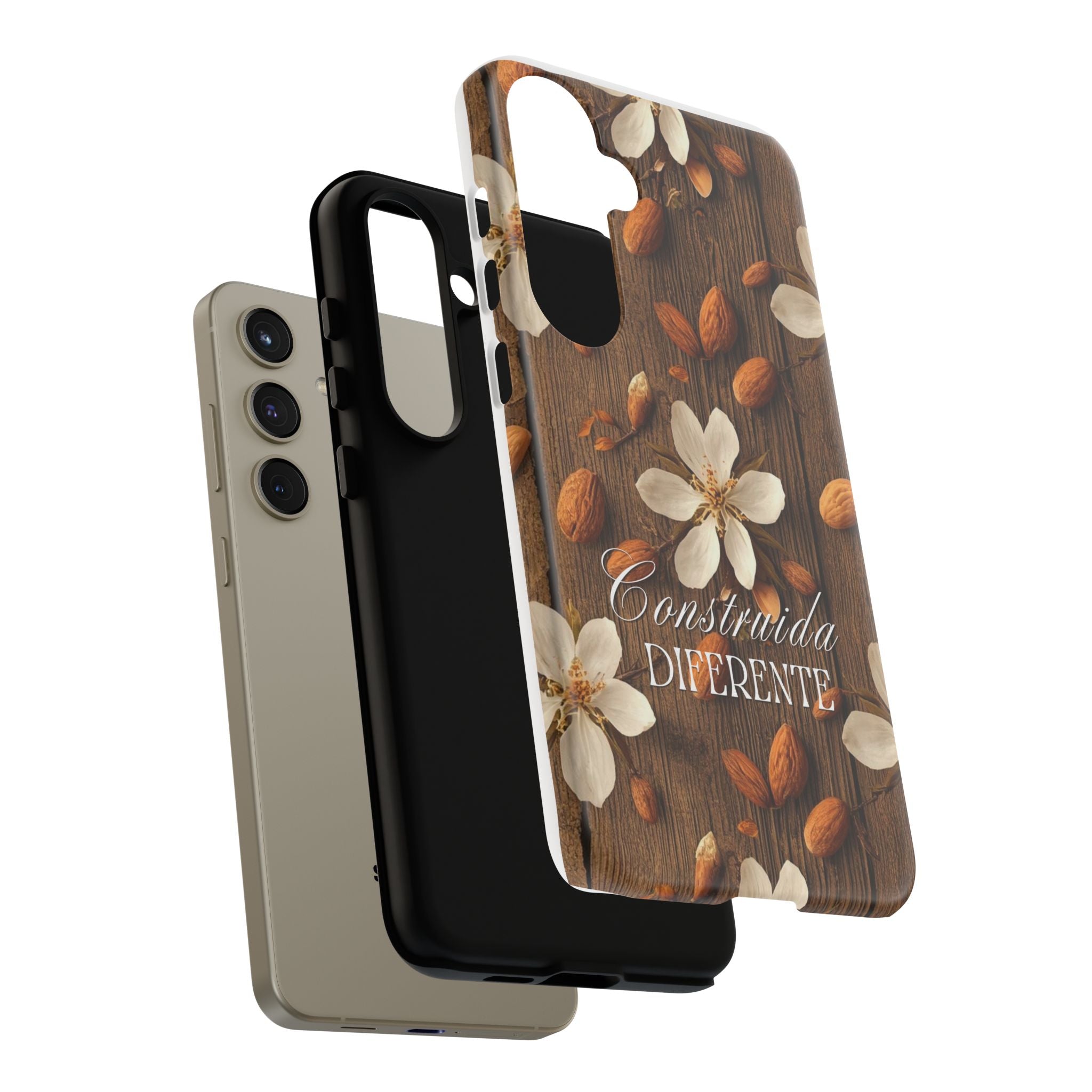 Phone Case — Floral Almond Wood Design with "Construida Diferente"