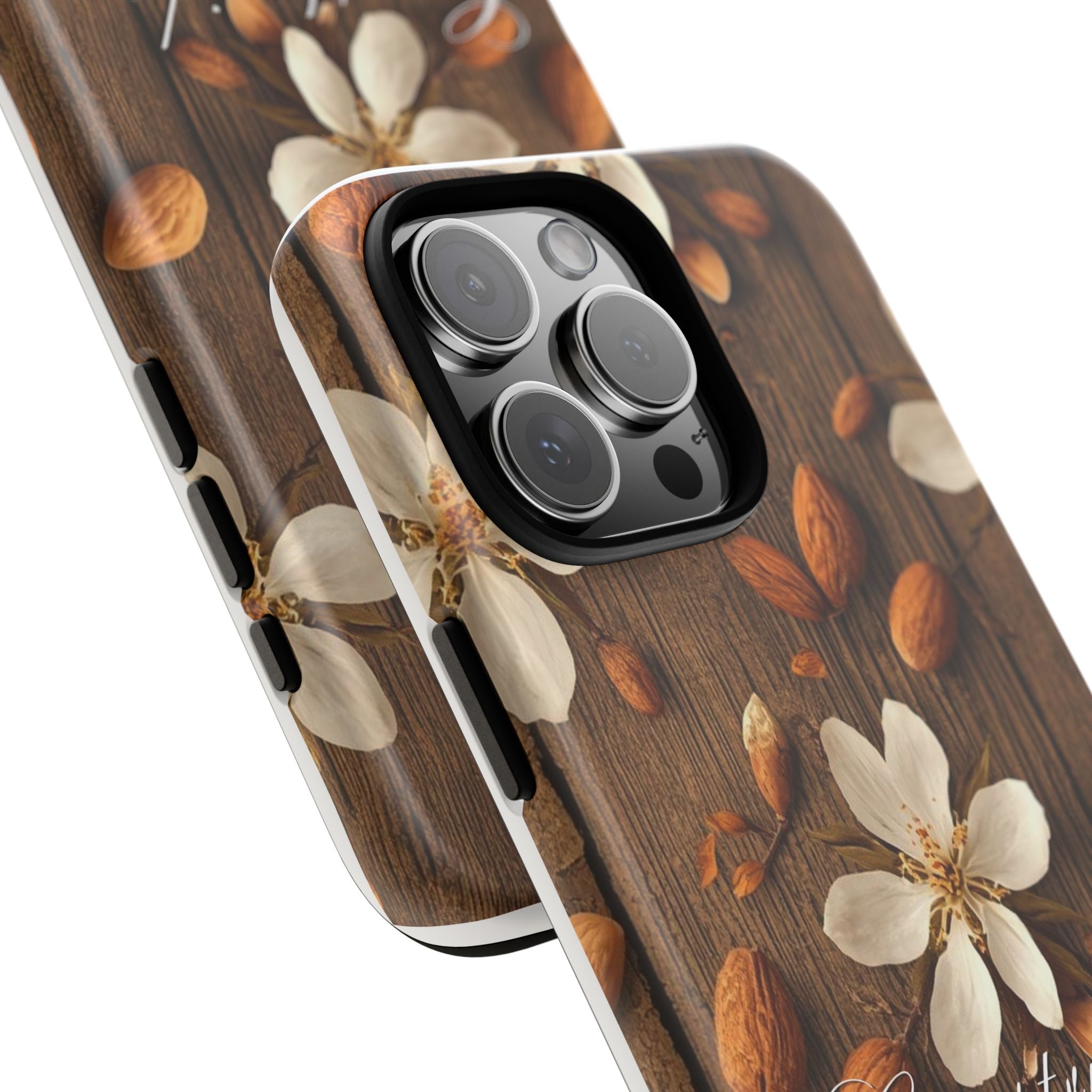 Phone Case — Floral Almond Wood Design with "Construida Diferente"