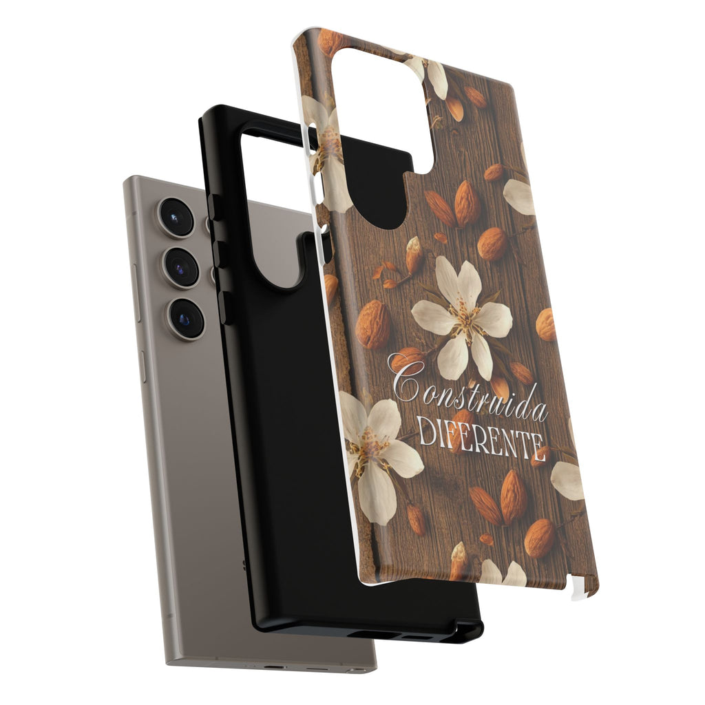 Phone Case — Floral Almond Wood Design with "Construida Diferente"