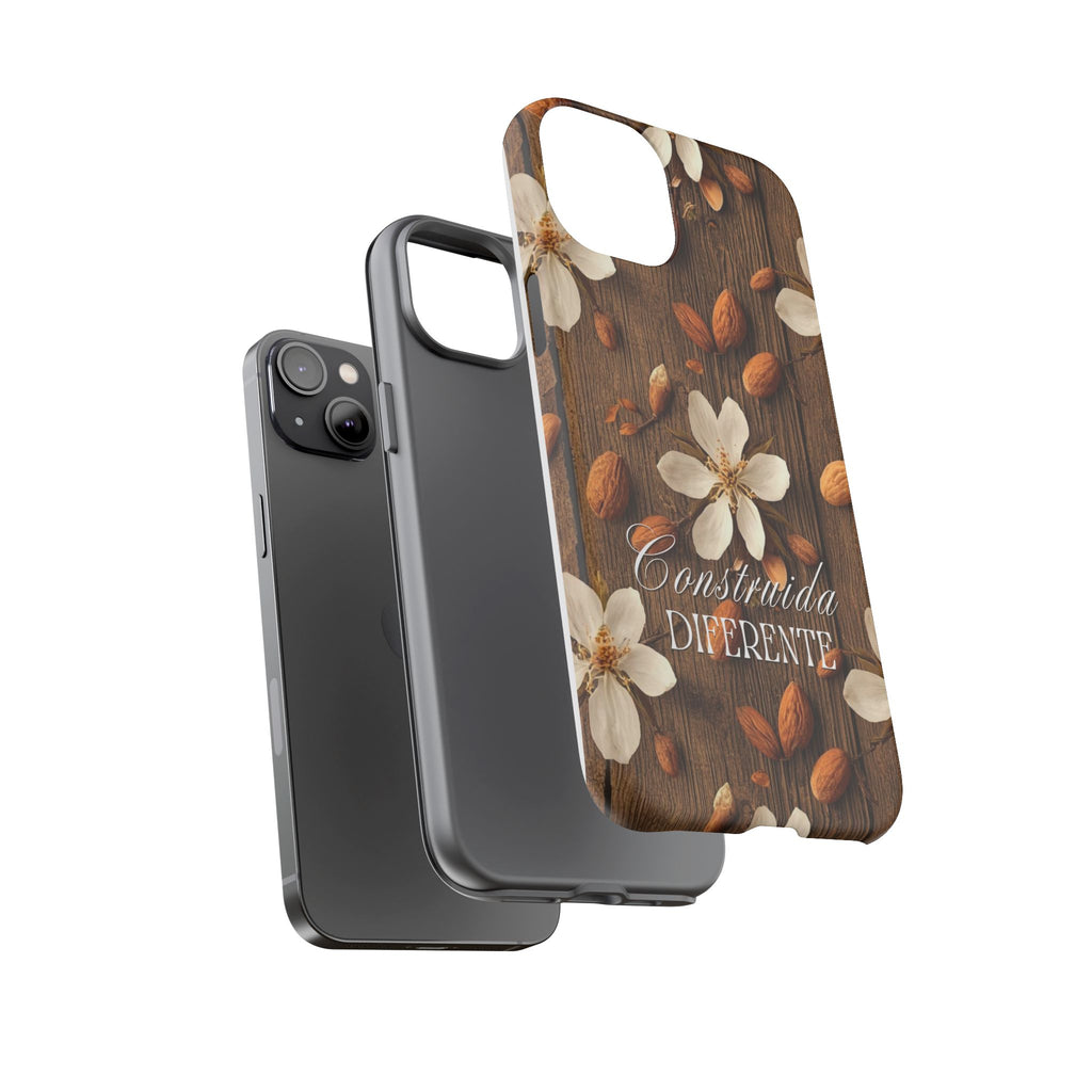 Phone Case — Floral Almond Wood Design with "Construida Diferente"