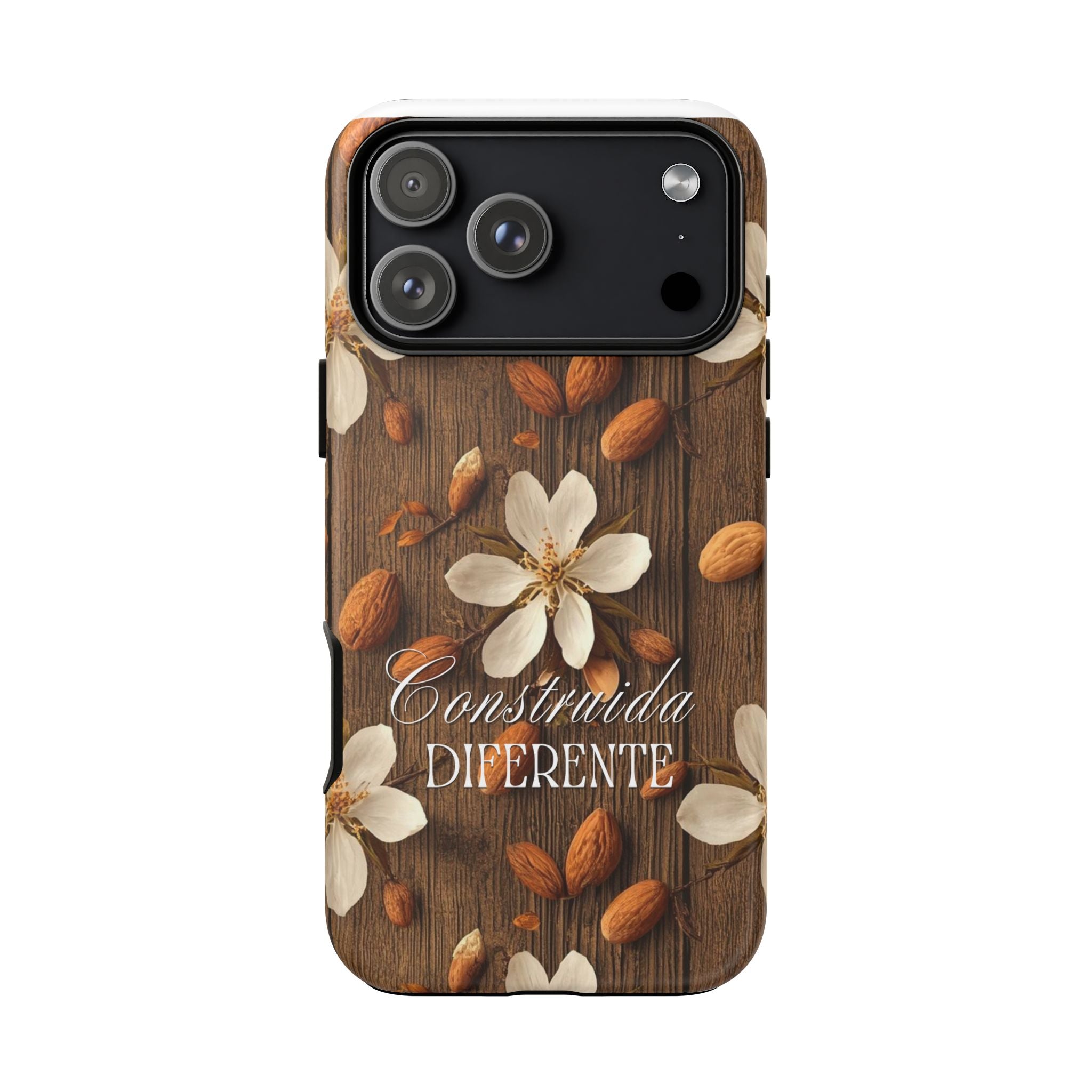 Phone Case — Floral Almond Wood Design with "Construida Diferente"