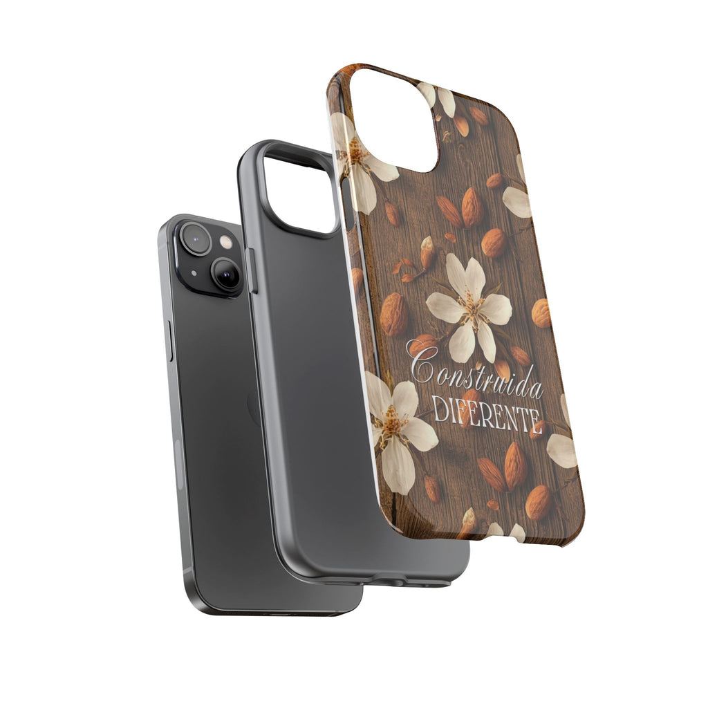 Phone Case — Floral Almond Wood Design with "Construida Diferente"