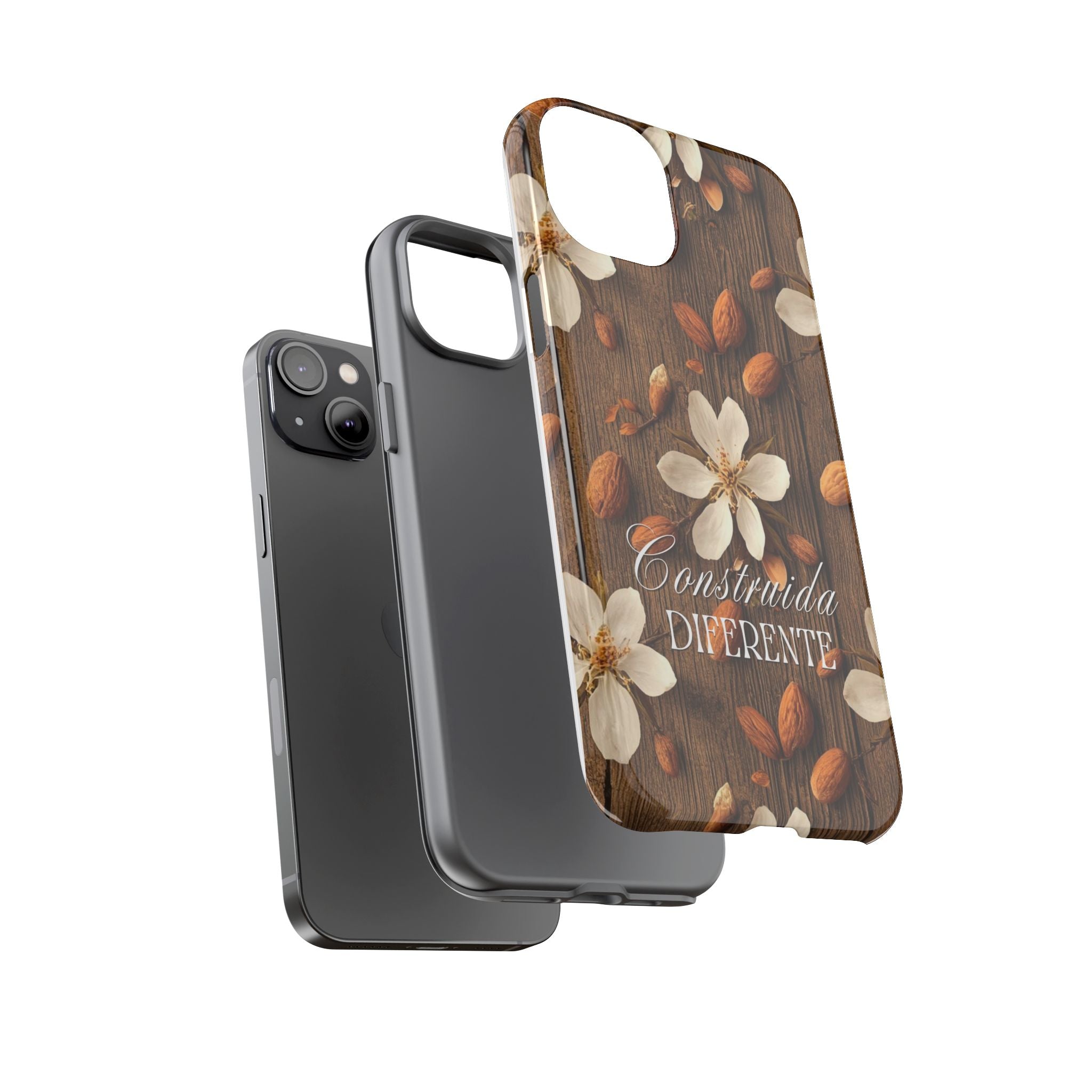 Phone Case — Floral Almond Wood Design with "Construida Diferente"