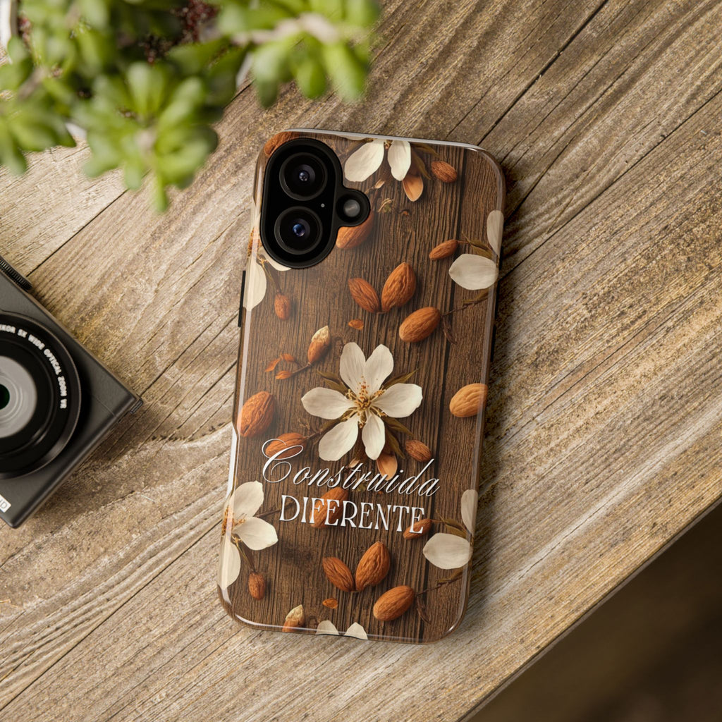 Phone Case — Floral Almond Wood Design with "Construida Diferente"