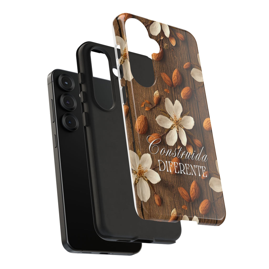 Phone Case — Floral Almond Wood Design with "Construida Diferente"
