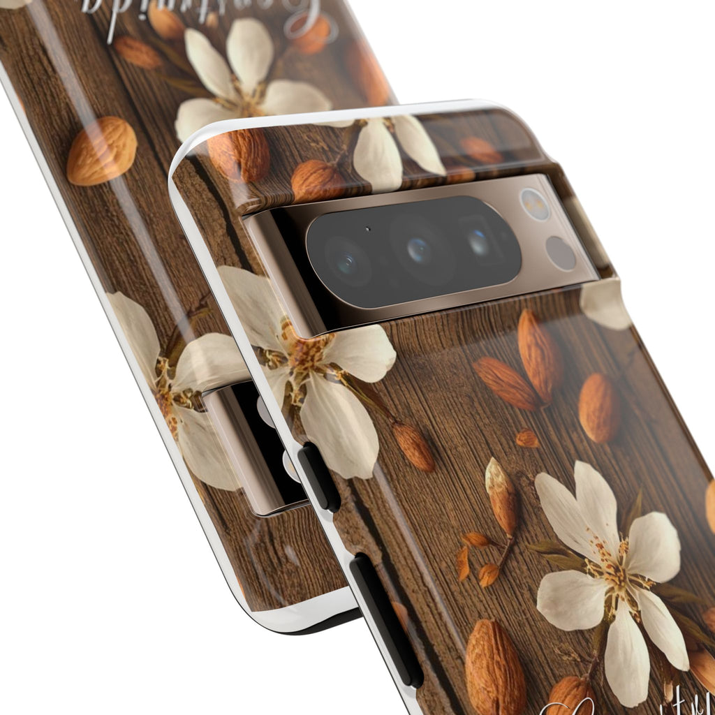 Phone Case — Floral Almond Wood Design with "Construida Diferente"