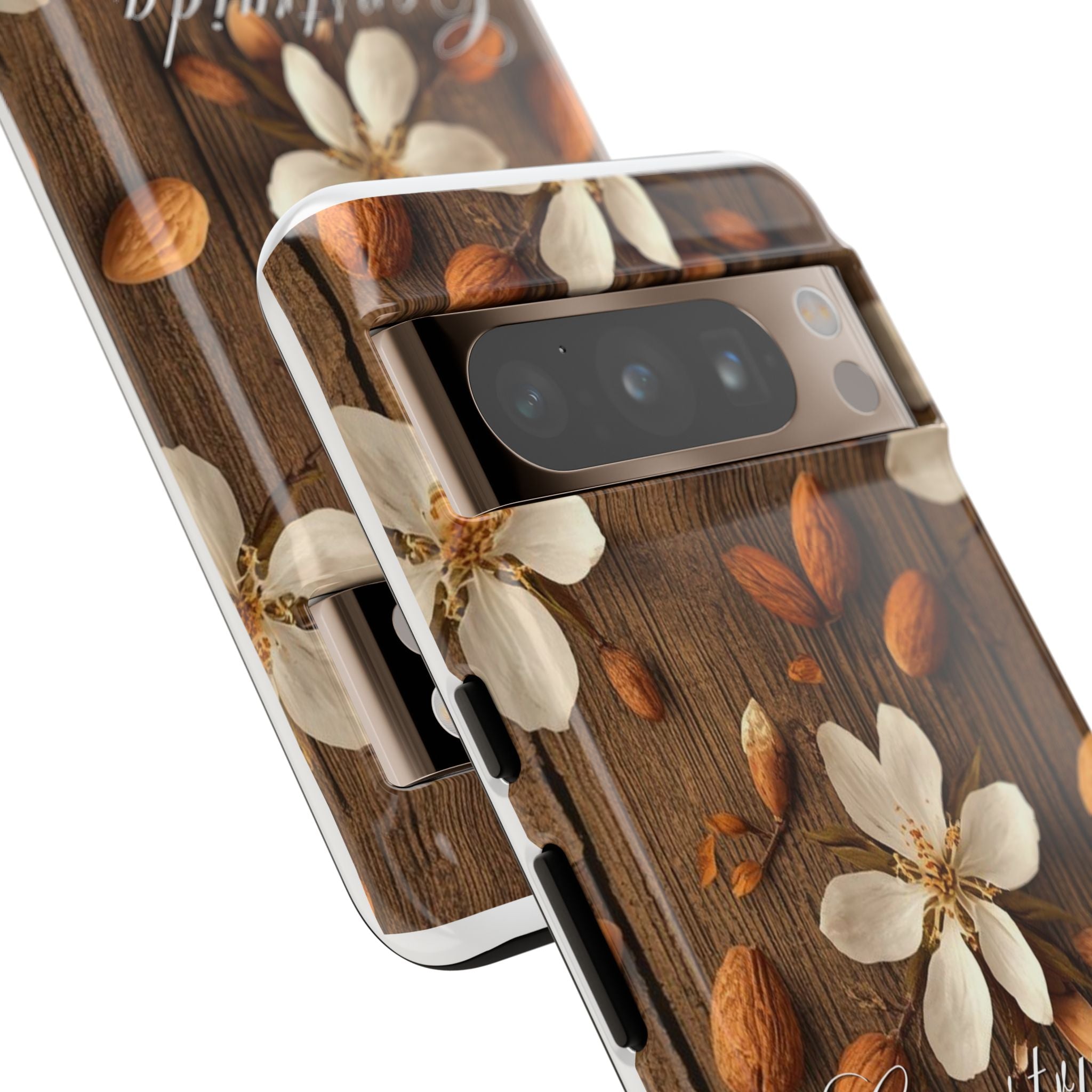 Phone Case — Floral Almond Wood Design with "Construida Diferente"