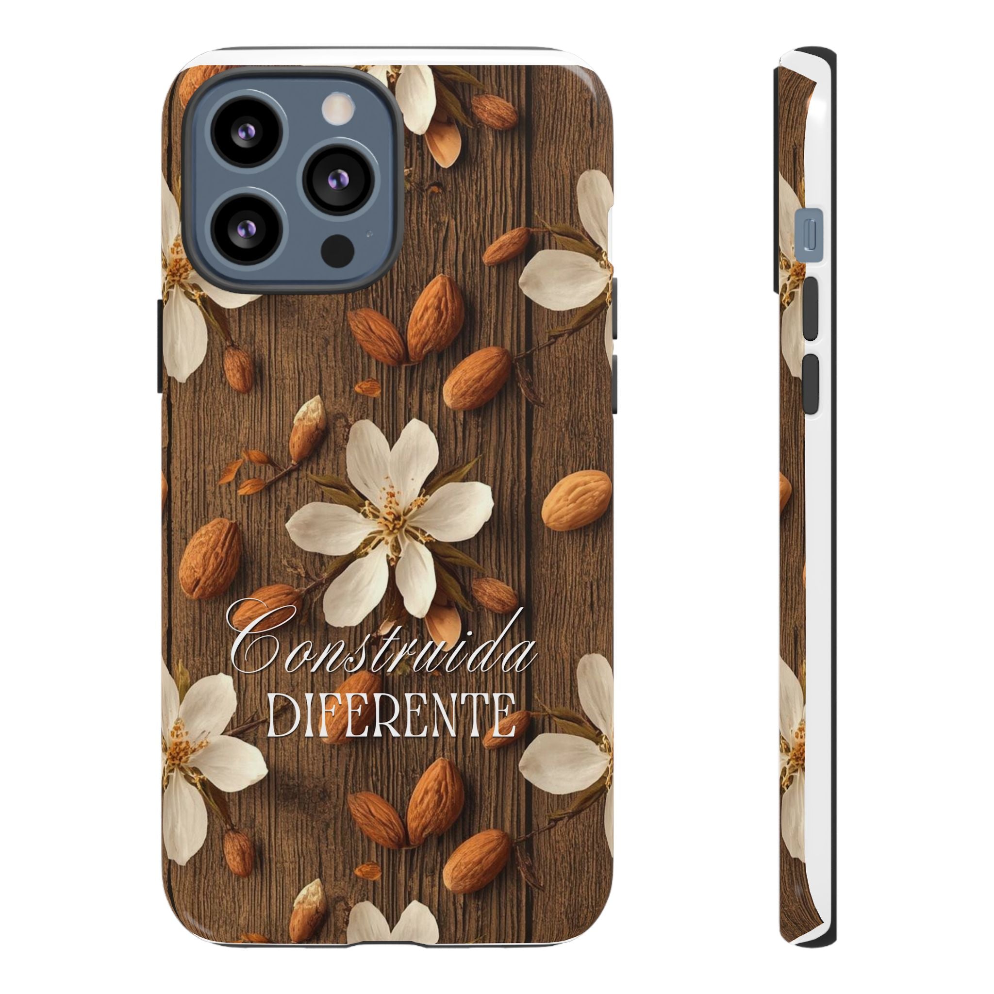 Phone Case — Floral Almond Wood Design with "Construida Diferente"