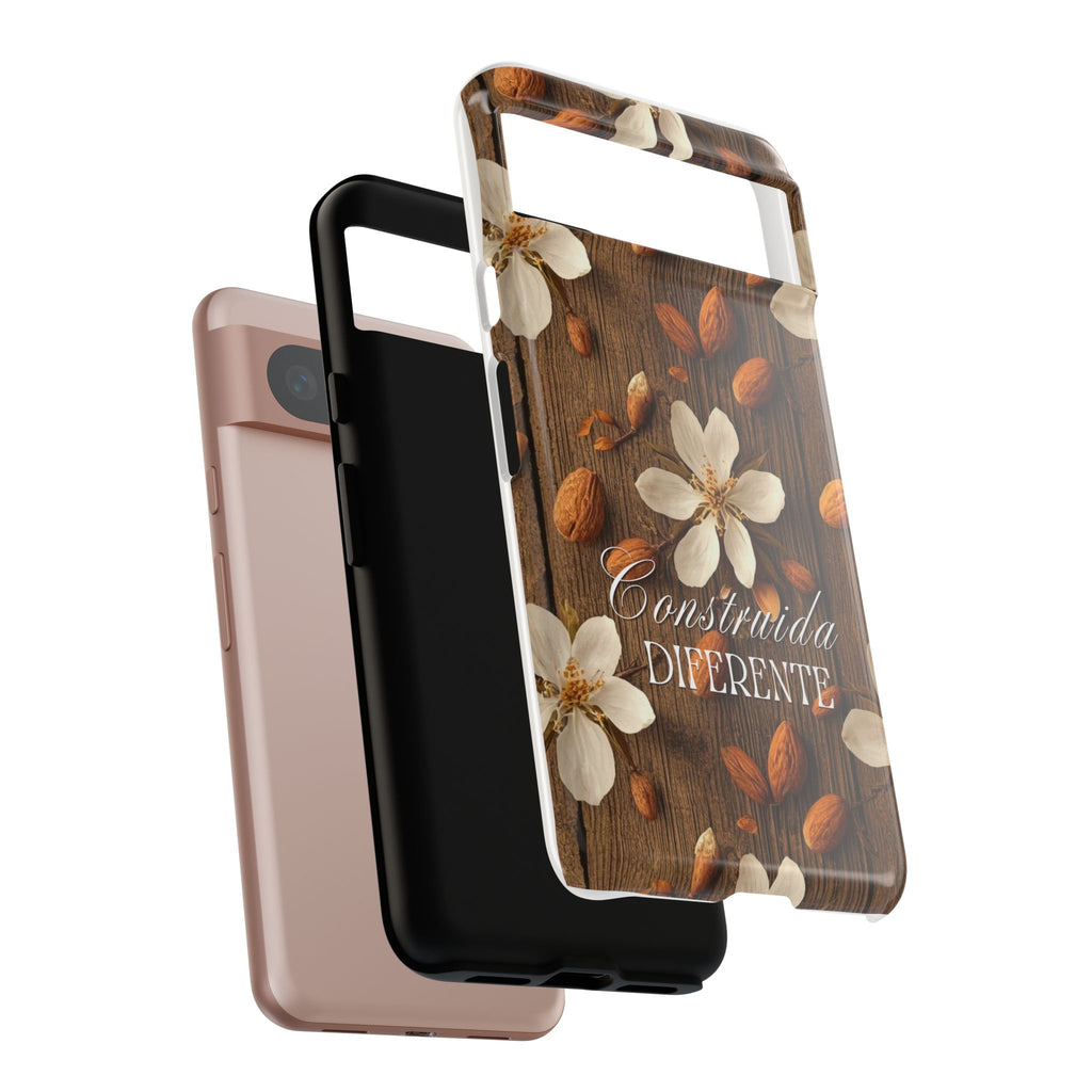 Phone Case — Floral Almond Wood Design with "Construida Diferente"