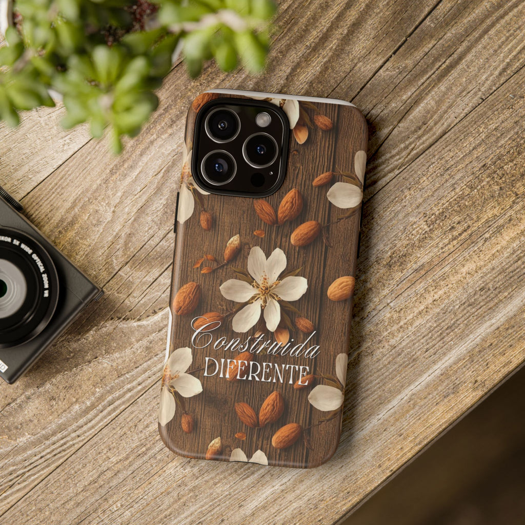 Phone Case — Floral Almond Wood Design with "Construida Diferente"