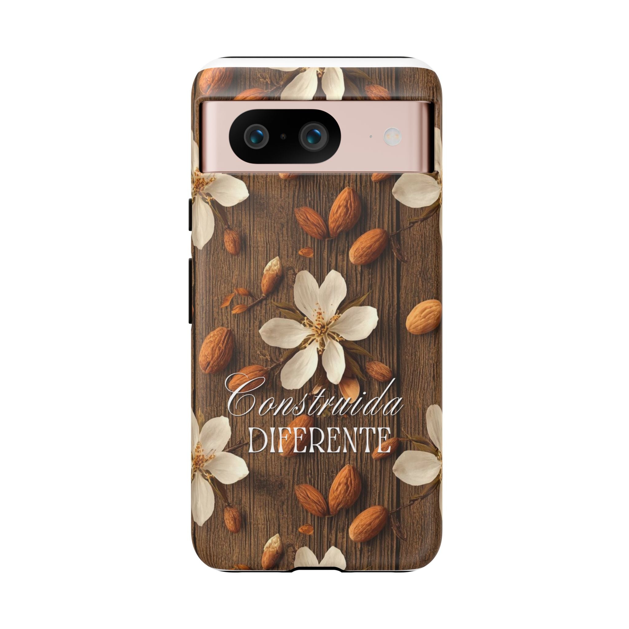 Phone Case — Floral Almond Wood Design with "Construida Diferente"