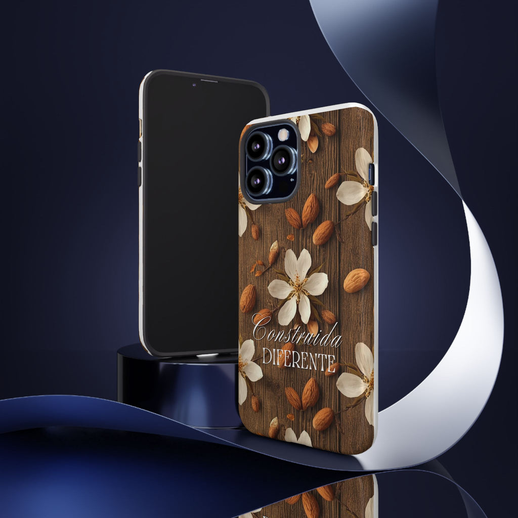 Phone Case — Floral Almond Wood Design with "Construida Diferente"