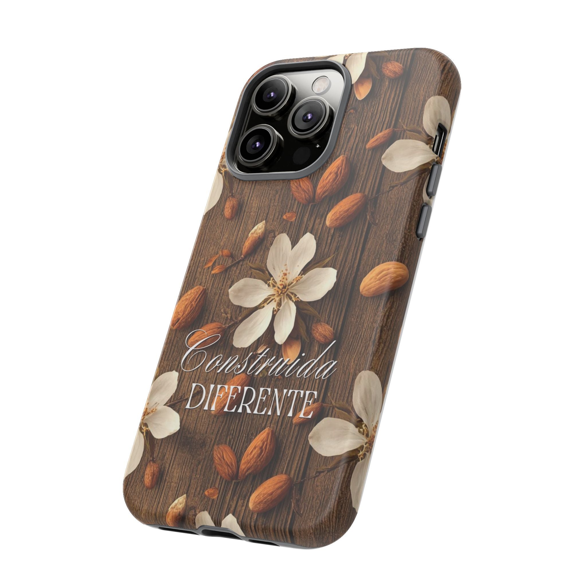 Phone Case — Floral Almond Wood Design with "Construida Diferente"