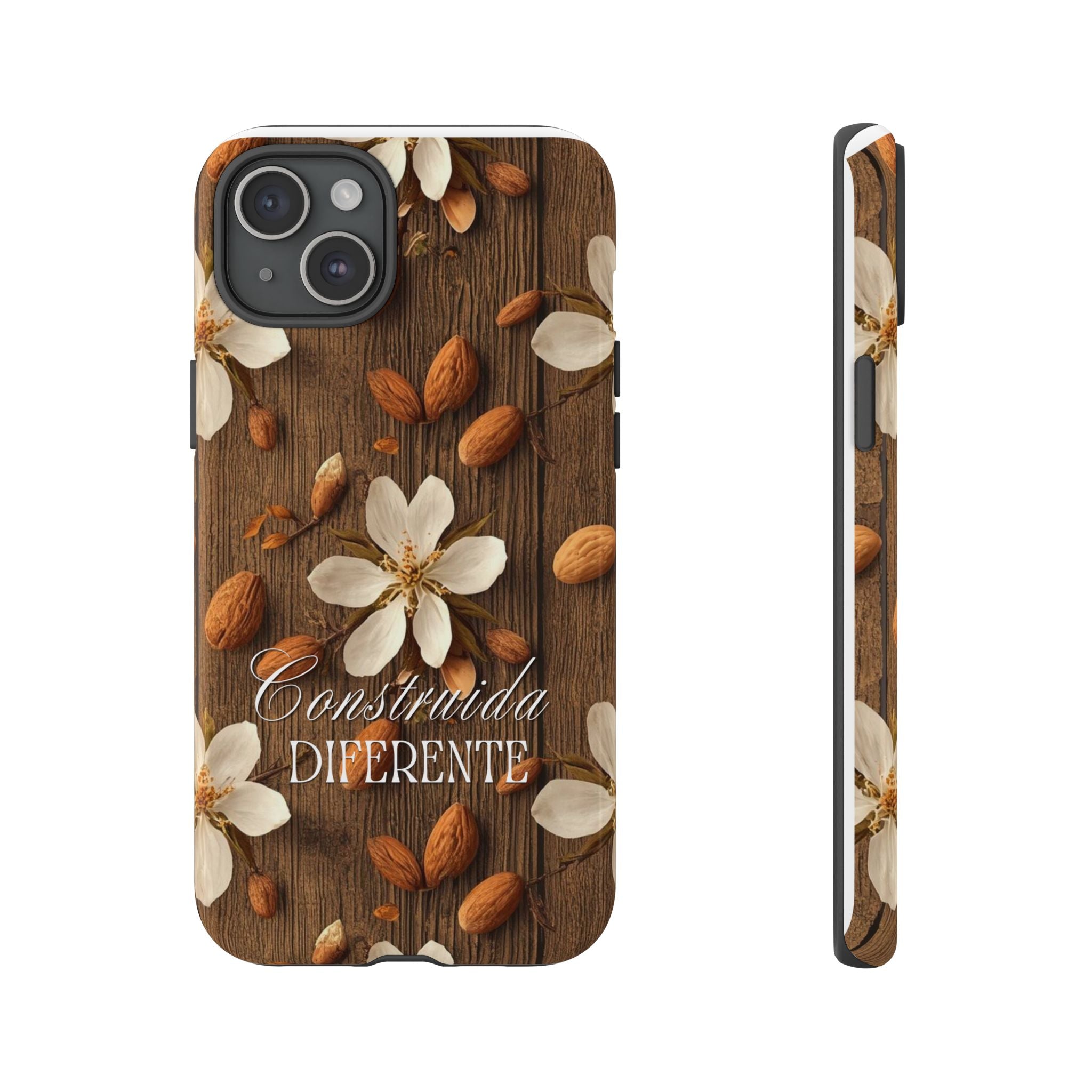 Phone Case — Floral Almond Wood Design with "Construida Diferente"