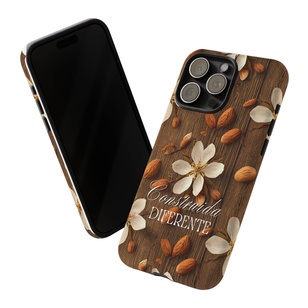 Phone Case — Floral Almond Wood Design with "Construida Diferente"