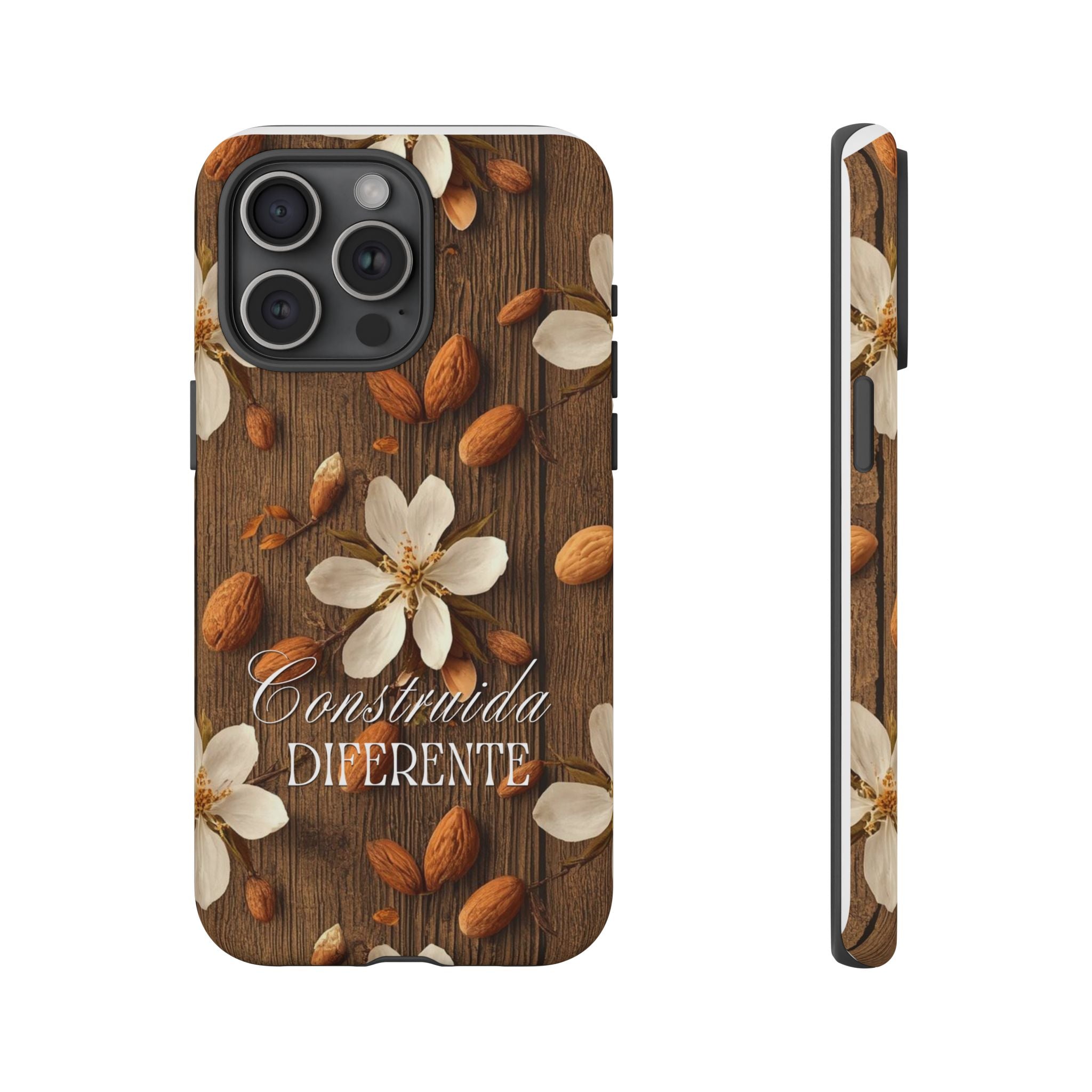 Phone Case — Floral Almond Wood Design with "Construida Diferente"