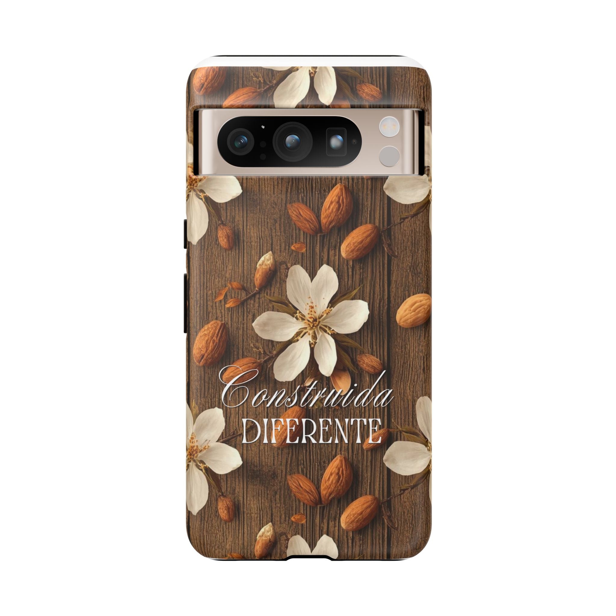 Phone Case — Floral Almond Wood Design with "Construida Diferente"