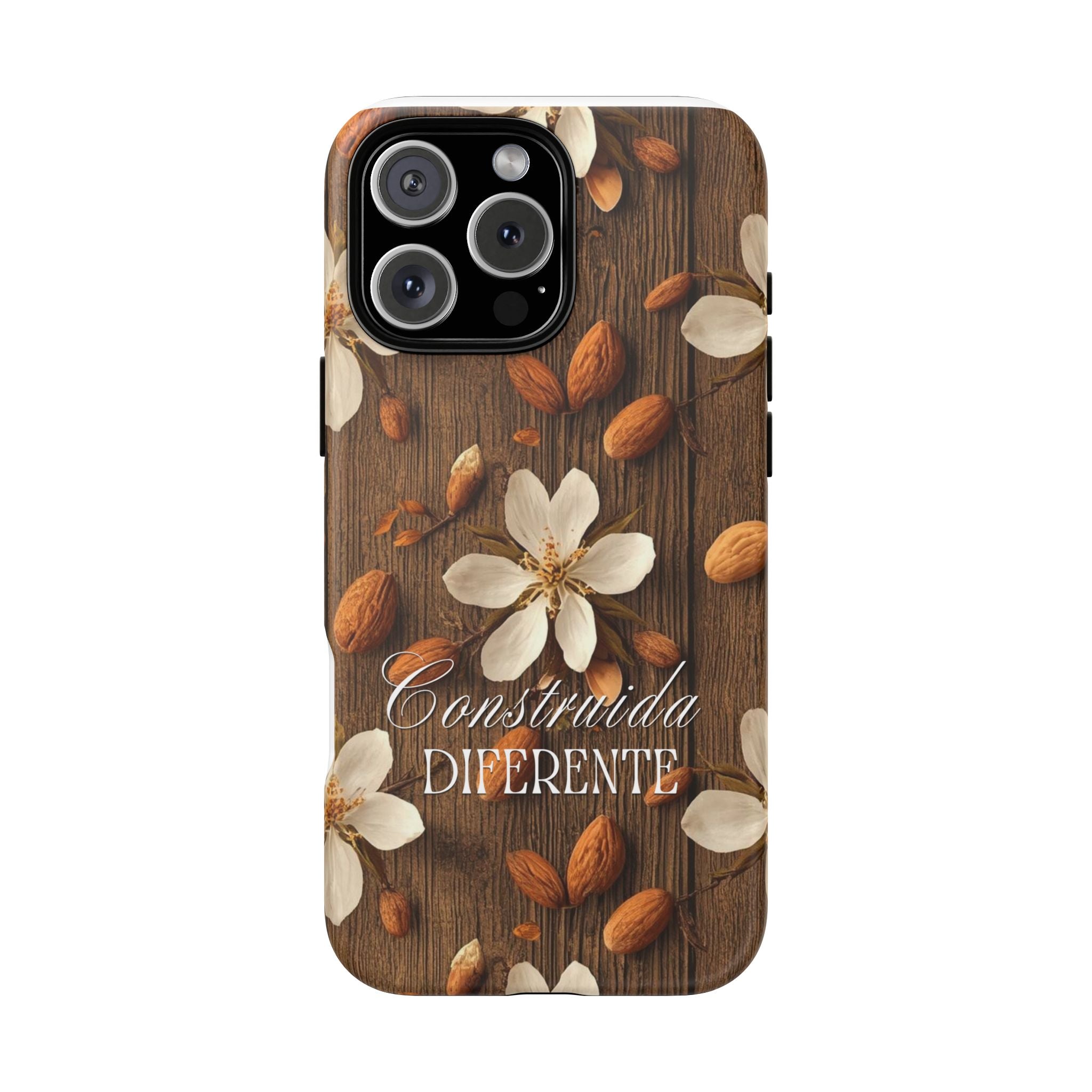 Phone Case — Floral Almond Wood Design with "Construida Diferente"