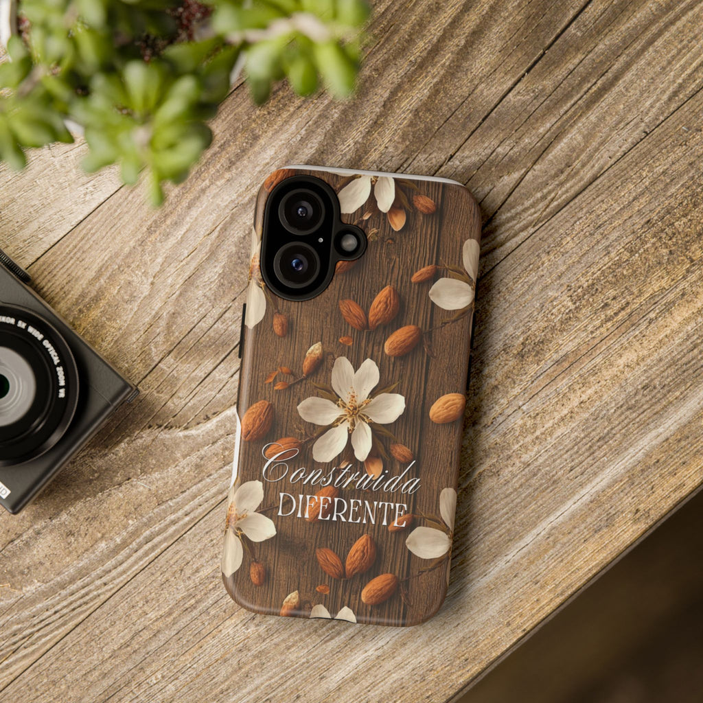 Phone Case — Floral Almond Wood Design with "Construida Diferente"