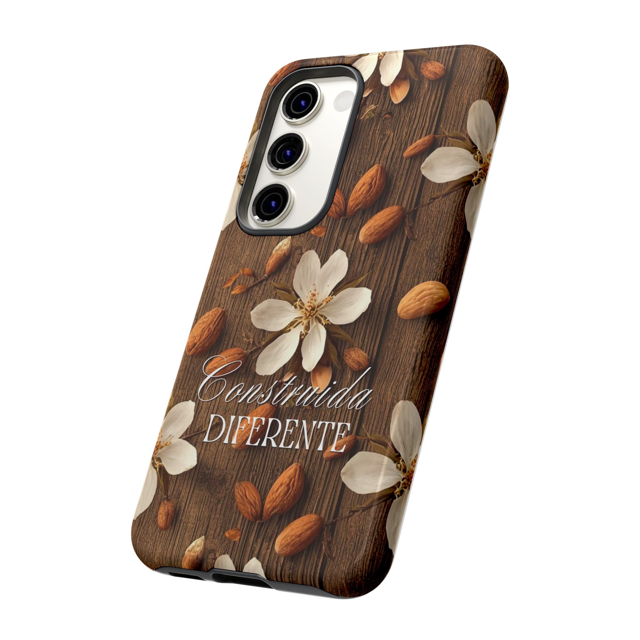 Phone Case — Floral Almond Wood Design with "Construida Diferente"
