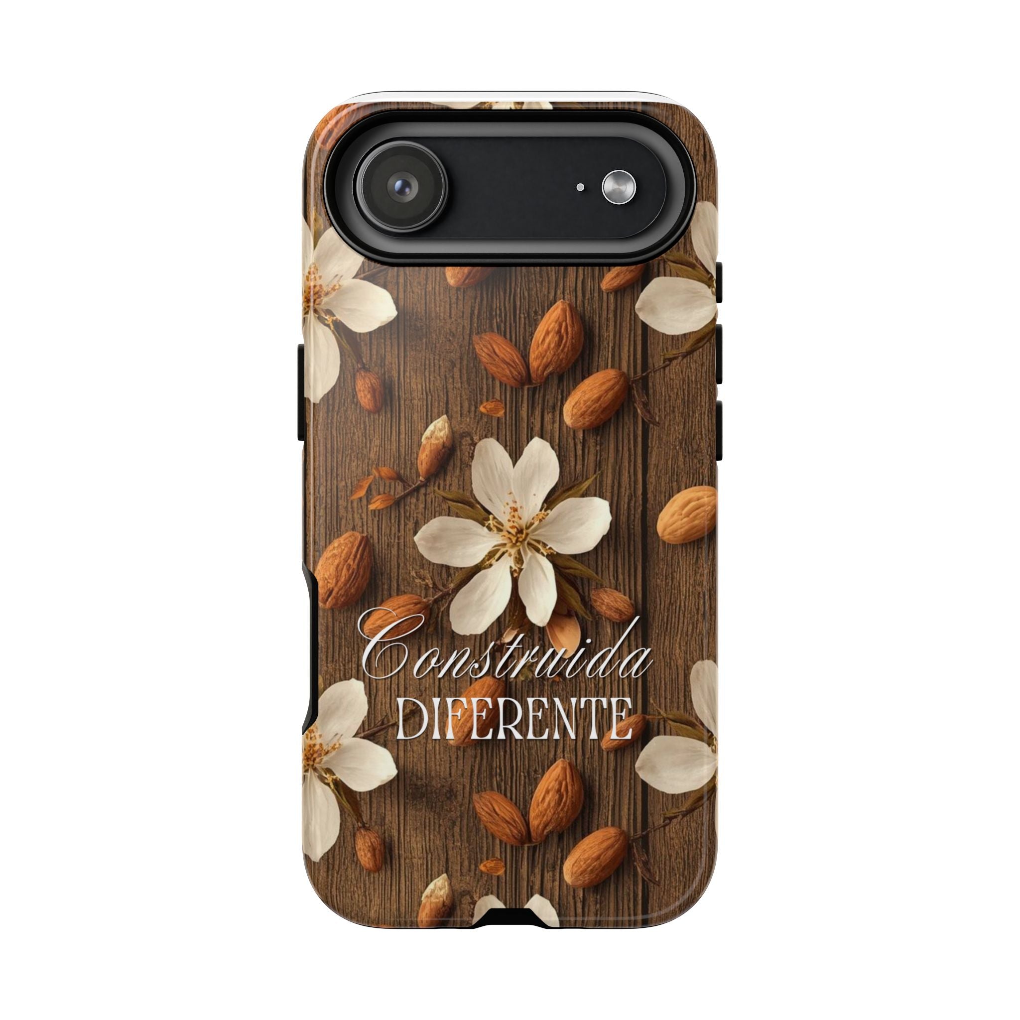 Phone Case — Floral Almond Wood Design with "Construida Diferente"