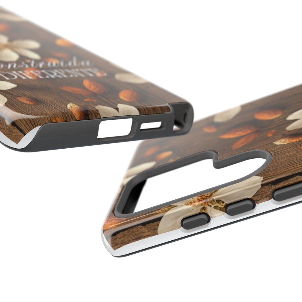 Phone Case — Floral Almond Wood Design with "Construida Diferente"