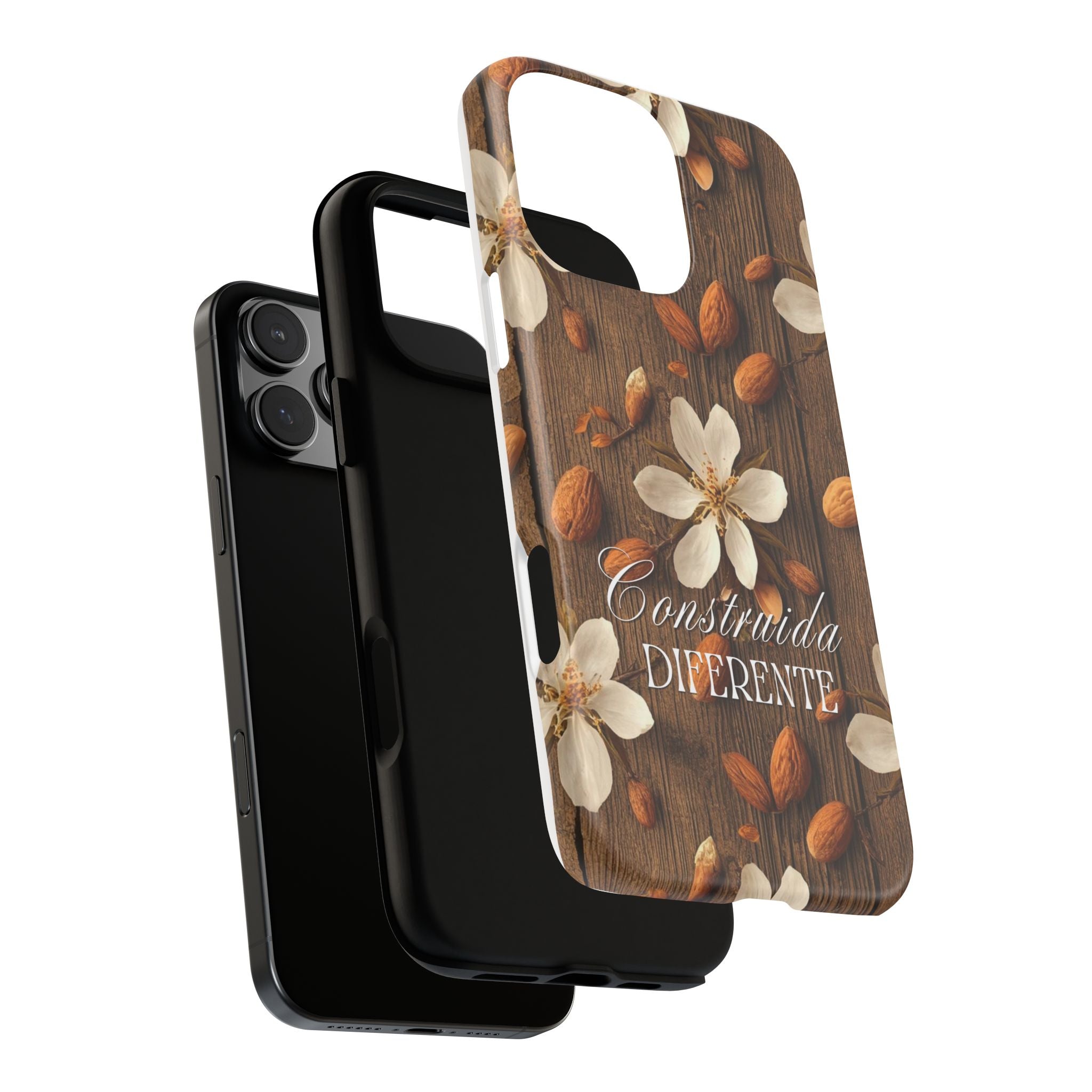 Phone Case — Floral Almond Wood Design with "Construida Diferente"