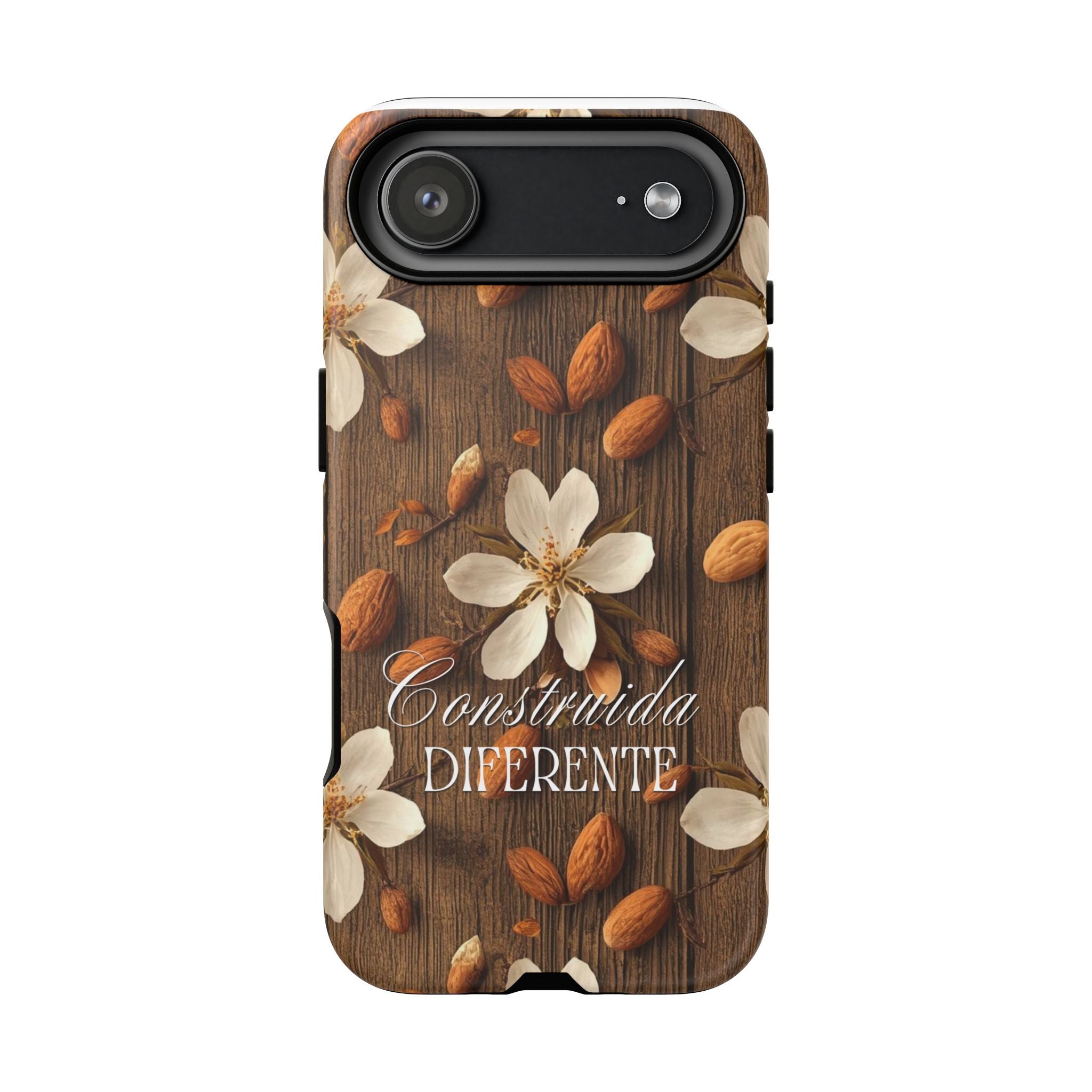 Phone Case — Floral Almond Wood Design with "Construida Diferente"